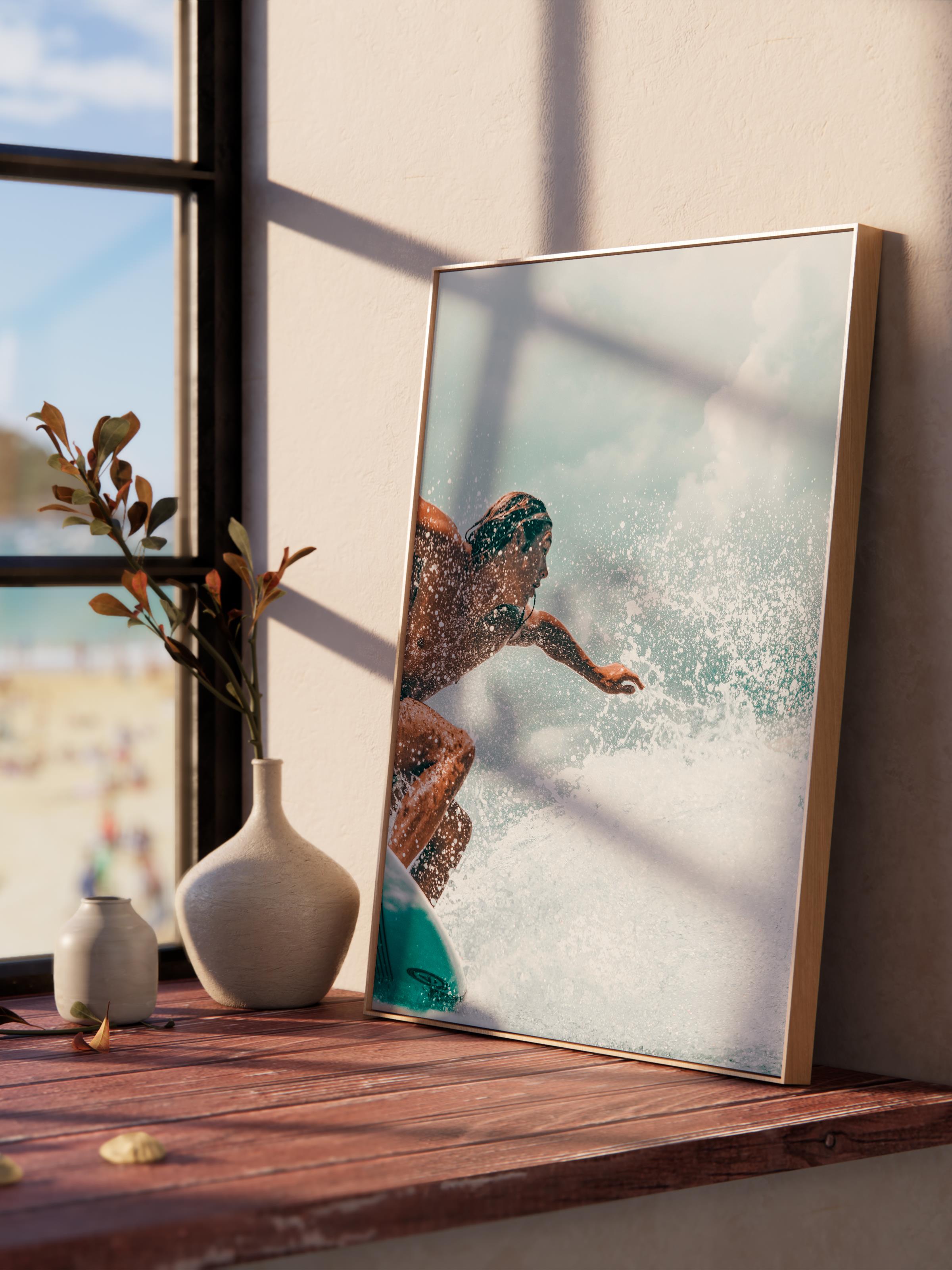 Çerçevesiz Poster, Yaz Temalı Tablo NO:225, Sörfçü ve Dalga Fotoğrafı, Mavi Poster, Dikey