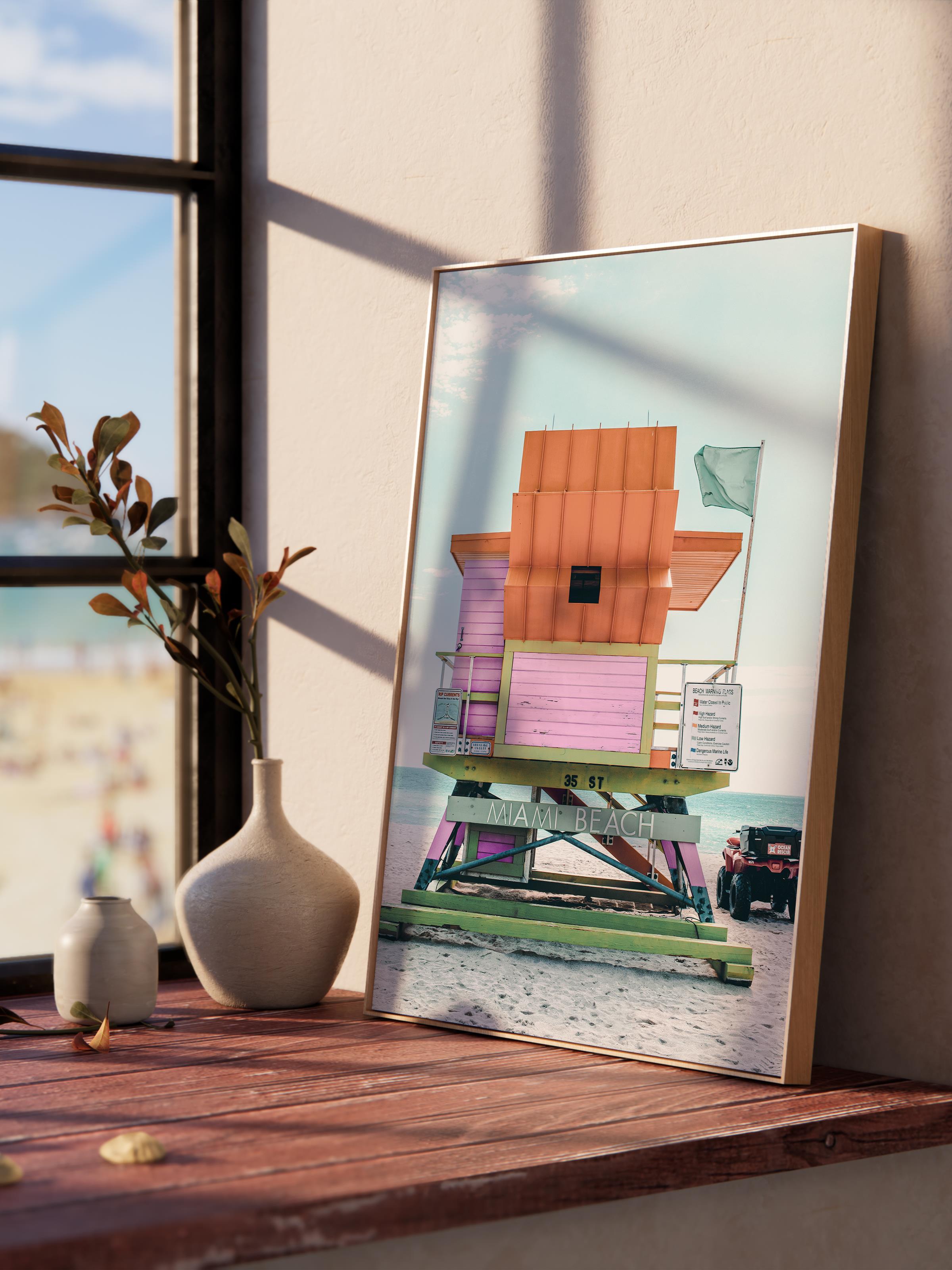 Çerçevesiz Poster, Yaz Temalı Tablo NO:229, Renkli Sahil Evi Fotoğrafı, Pembe Poster, Dikey