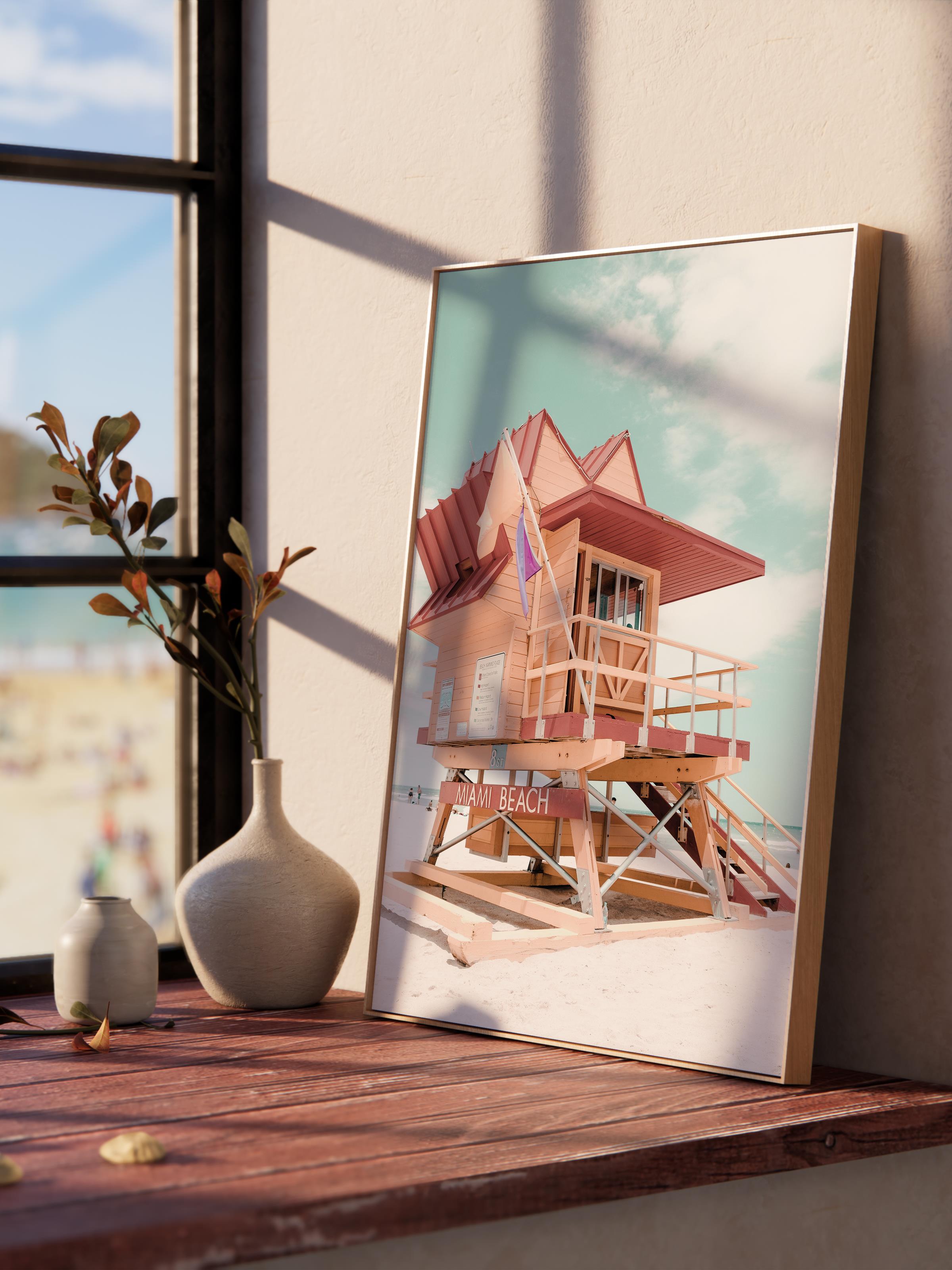 Çerçevesiz Poster, Yaz Temalı Tablo NO:230, Renkli Sahil Evi ve Palmiye Fotoğrafı, Kırmızı Dikey
