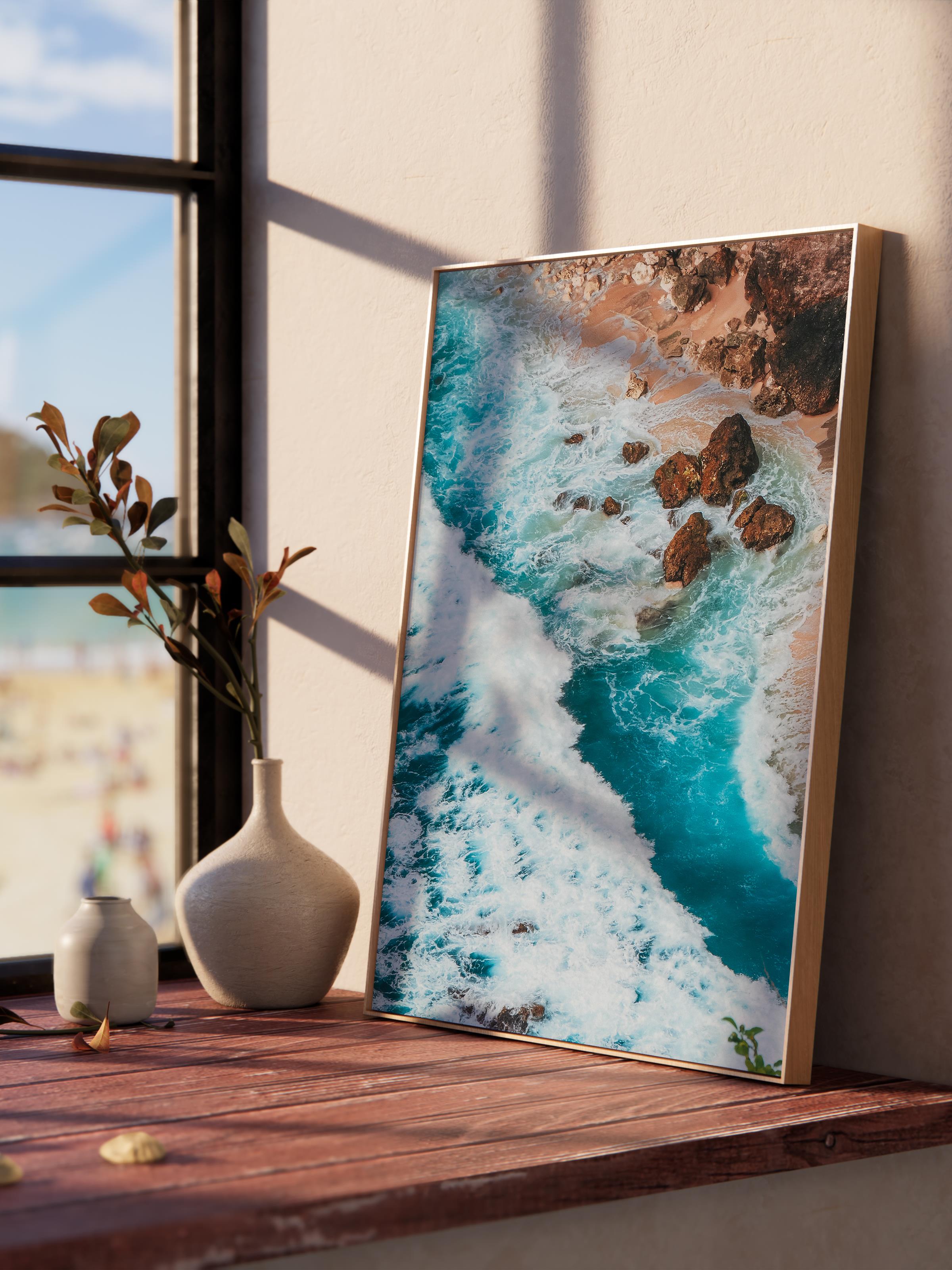 Çerçevesiz Poster, Yaz Temalı Tablo NO:38, Kayalık Dalga Fotoğrafı, Mavi Poster, Dikey