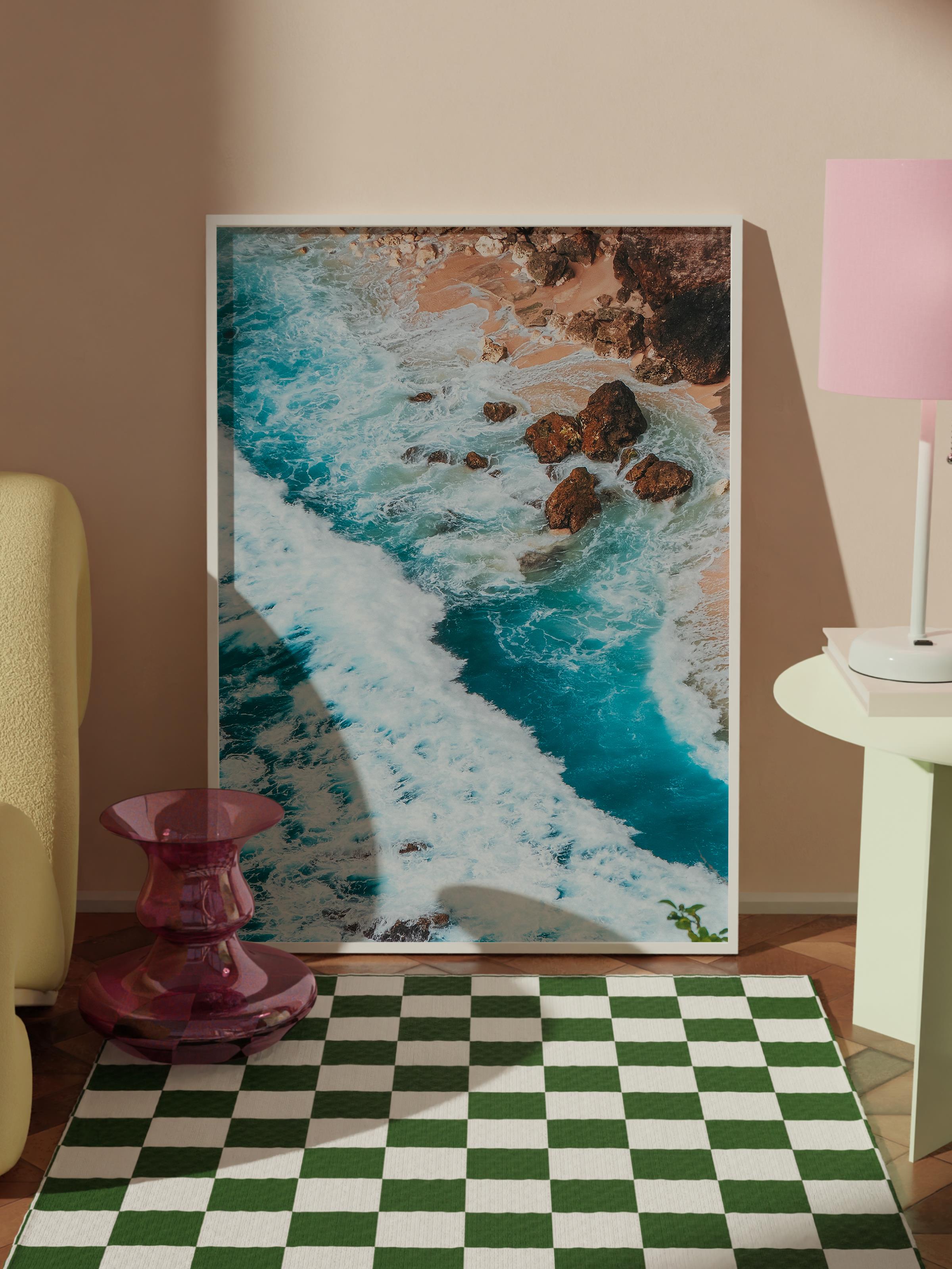 Çerçevesiz Poster, Yaz Temalı Tablo NO:38, Kayalık Dalga Fotoğrafı, Mavi Poster, Dikey