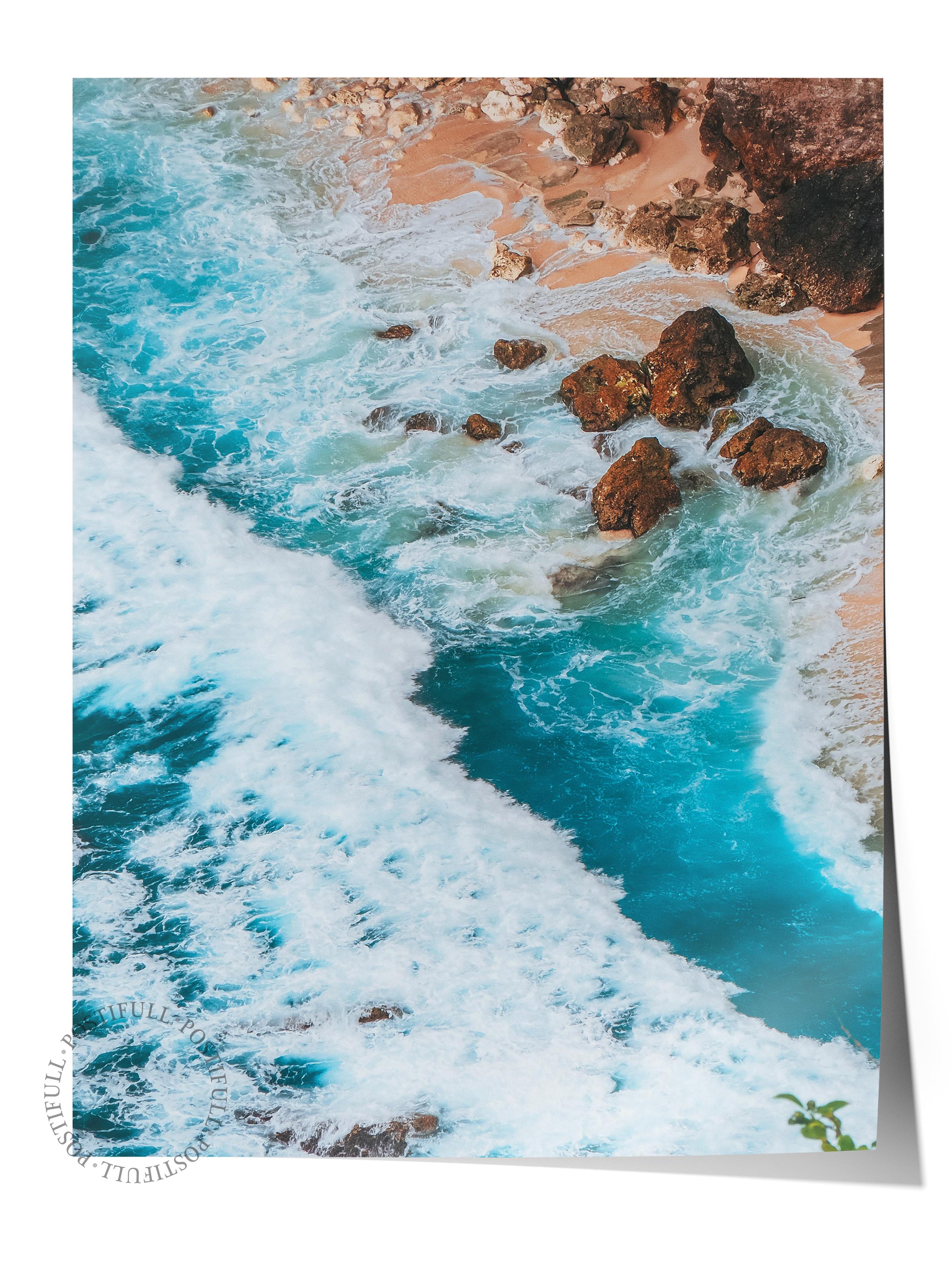 Çerçevesiz Poster, Yaz Temalı Tablo NO:38, Kayalık Dalga Fotoğrafı, Mavi Poster, Dikey
