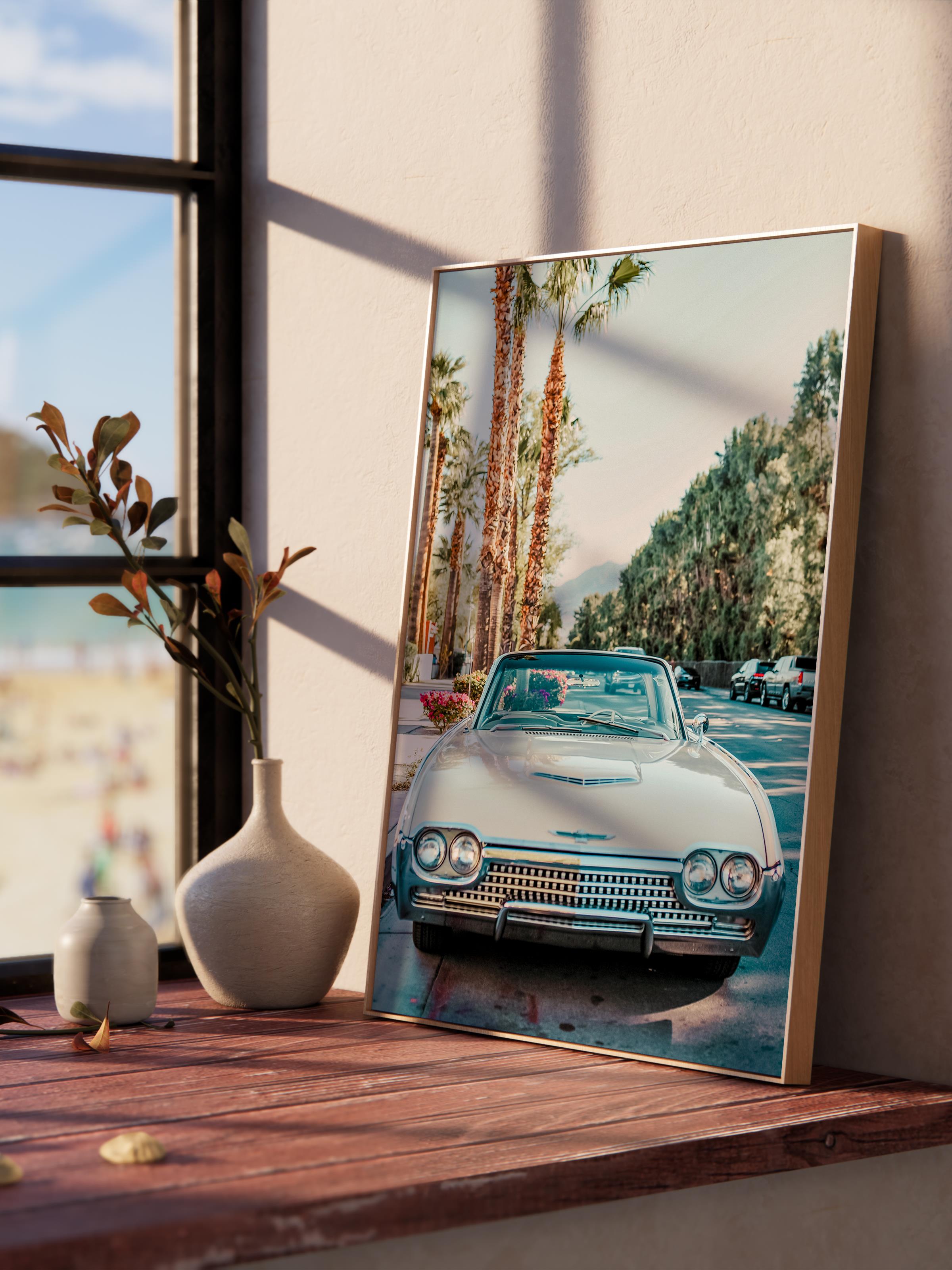 Çerçevesiz Poster, Yaz Temalı Tablo NO:4, Klasik Araba ve Palmiye Fotoğrafı, Mavi Poster, Dikey