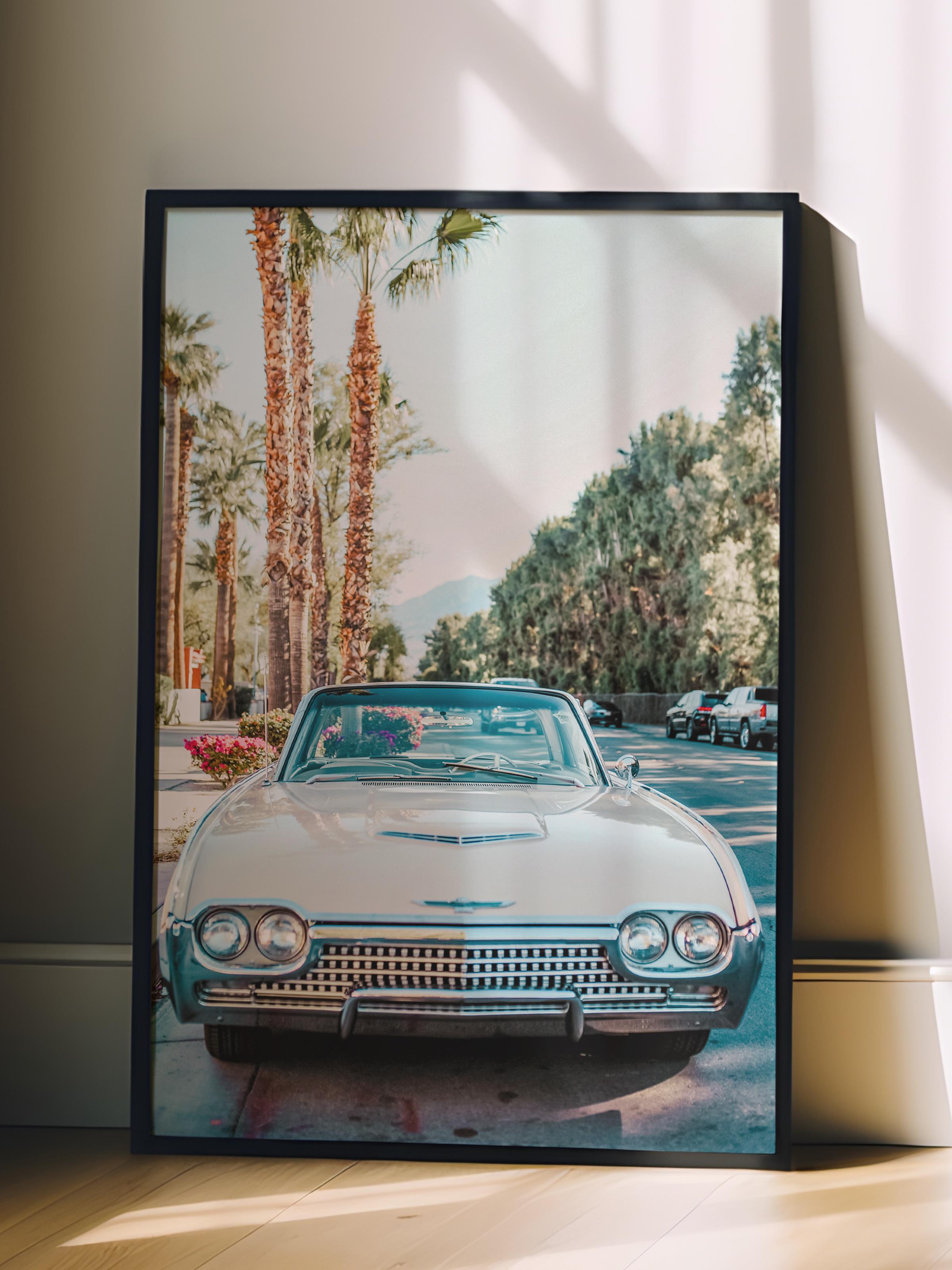 Çerçevesiz Poster, Yaz Temalı Tablo NO:4, Klasik Araba ve Palmiye Fotoğrafı, Mavi Poster, Dikey