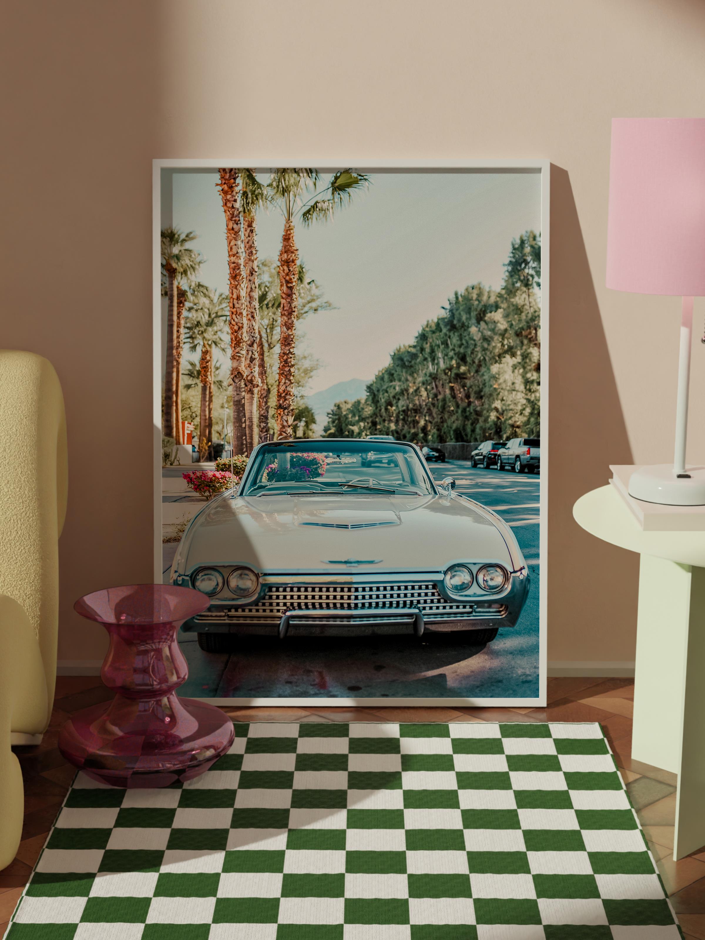 Çerçevesiz Poster, Yaz Temalı Tablo NO:4, Klasik Araba ve Palmiye Fotoğrafı, Mavi Poster, Dikey