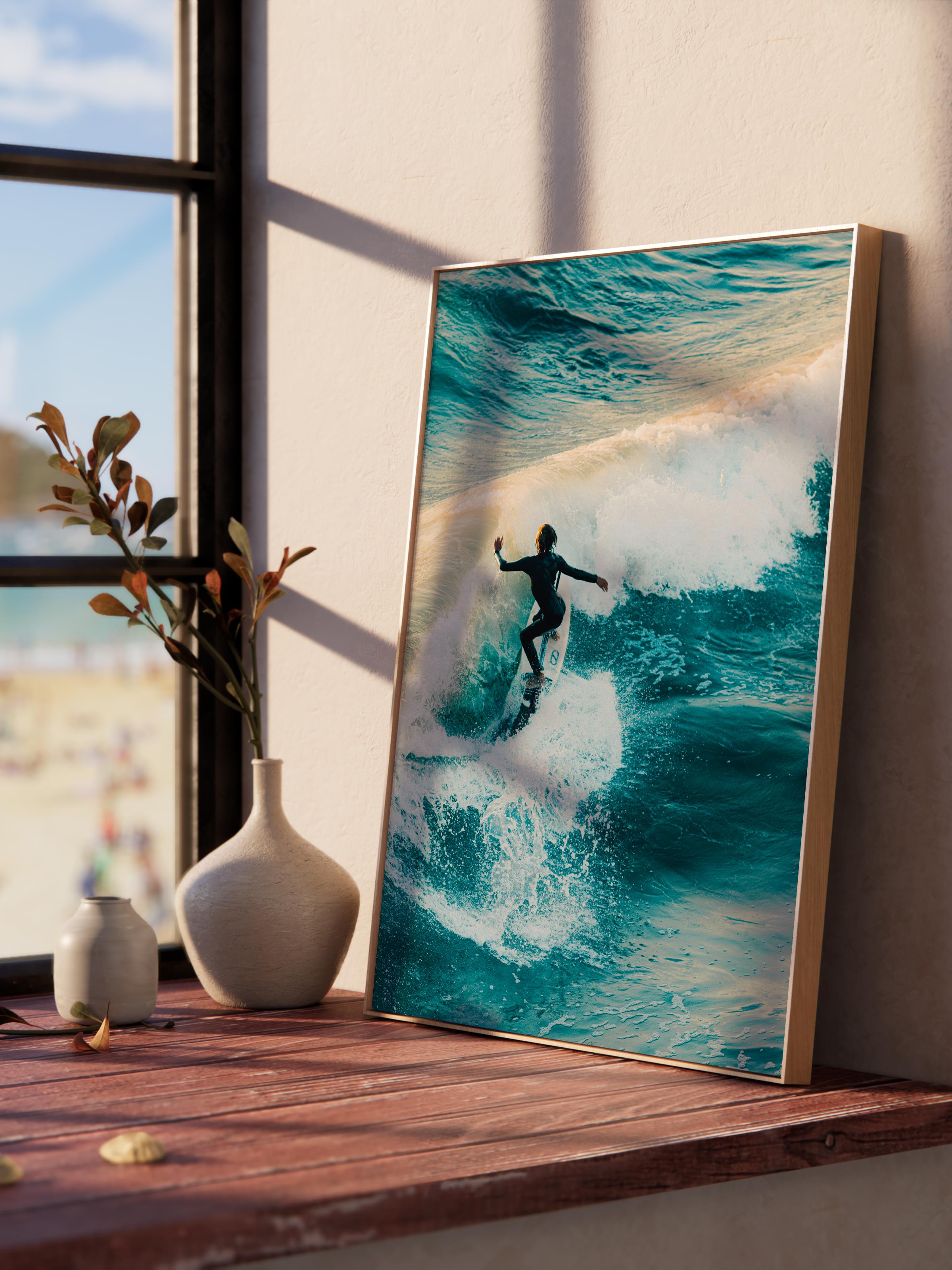 Çerçevesiz Poster, Yaz Temalı Tablo NO:49, Sörfçü Dalgada Fotoğrafı, Mavi Poster, Dikey