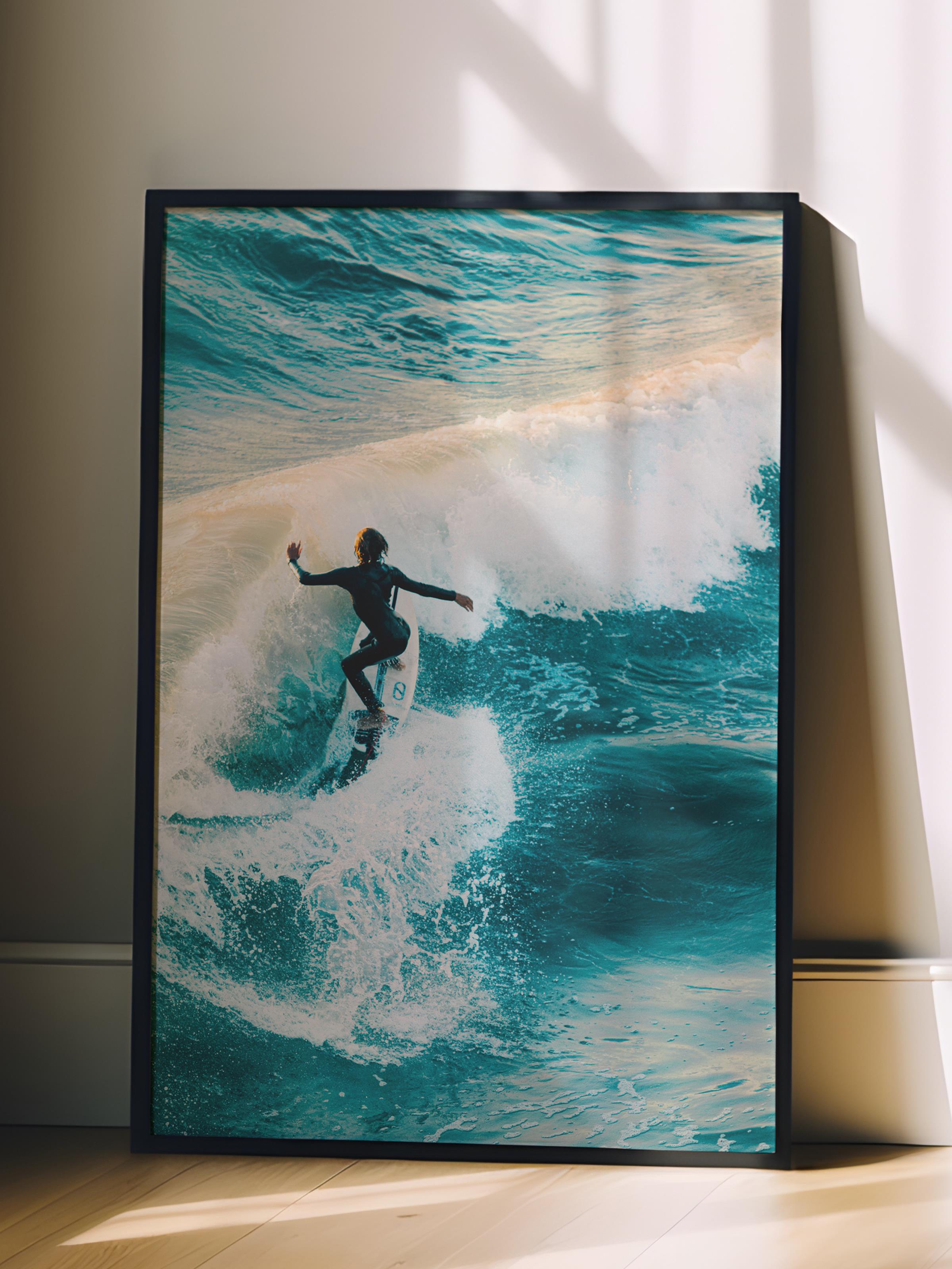 Çerçevesiz Poster, Yaz Temalı Tablo NO:49, Sörfçü Dalgada Fotoğrafı, Mavi Poster, Dikey