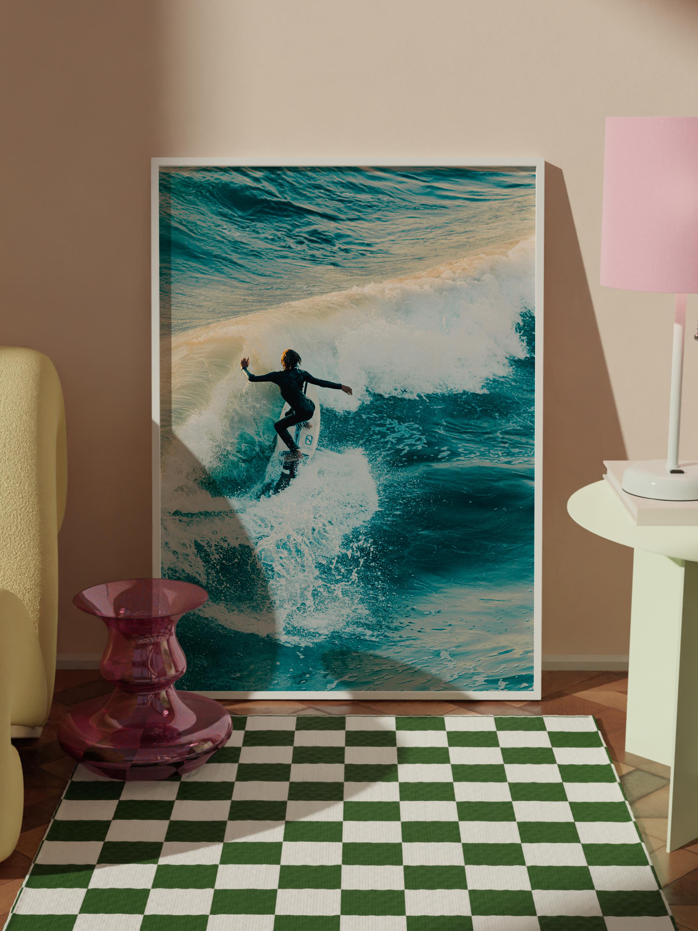 Çerçevesiz Poster, Yaz Temalı Tablo NO:49, Sörfçü Dalgada Fotoğrafı, Mavi Poster, Dikey