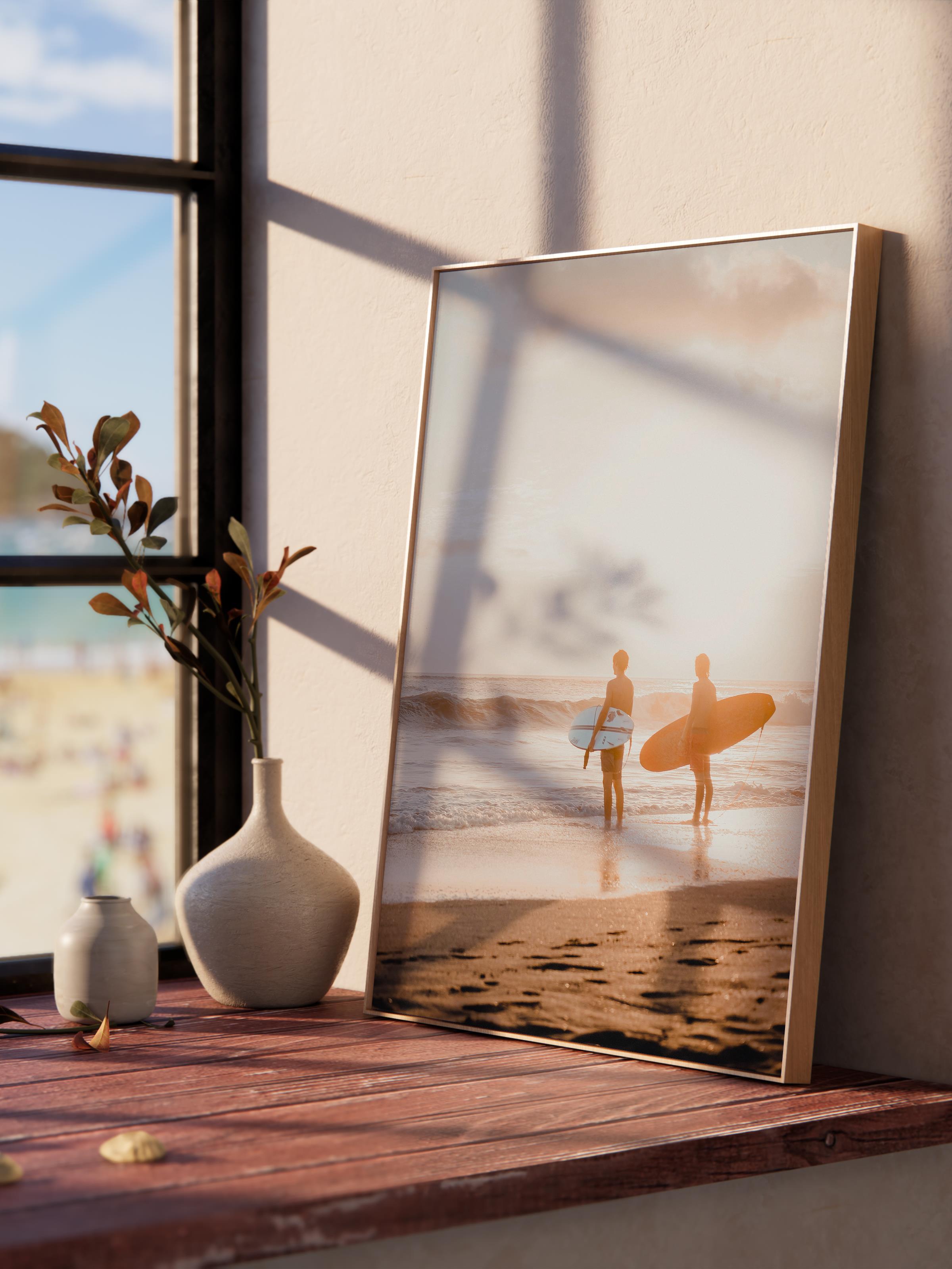 Çerçevesiz Poster, Yaz Temalı Tablo NO:53, Sörfçüler Fotoğrafı, Turuncu Poster, Dikey