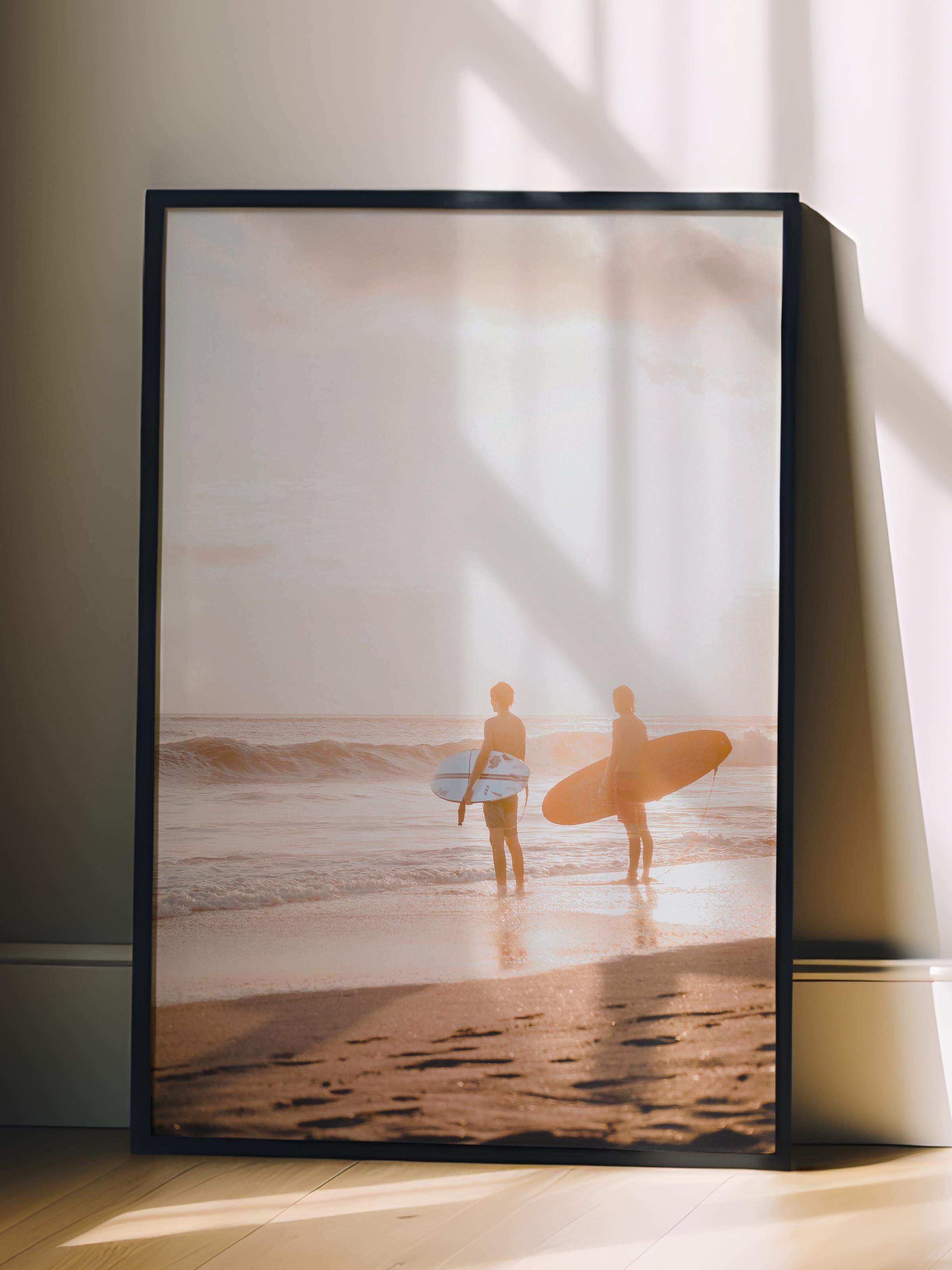 Çerçevesiz Poster, Yaz Temalı Tablo NO:53, Sörfçüler Fotoğrafı, Turuncu Poster, Dikey
