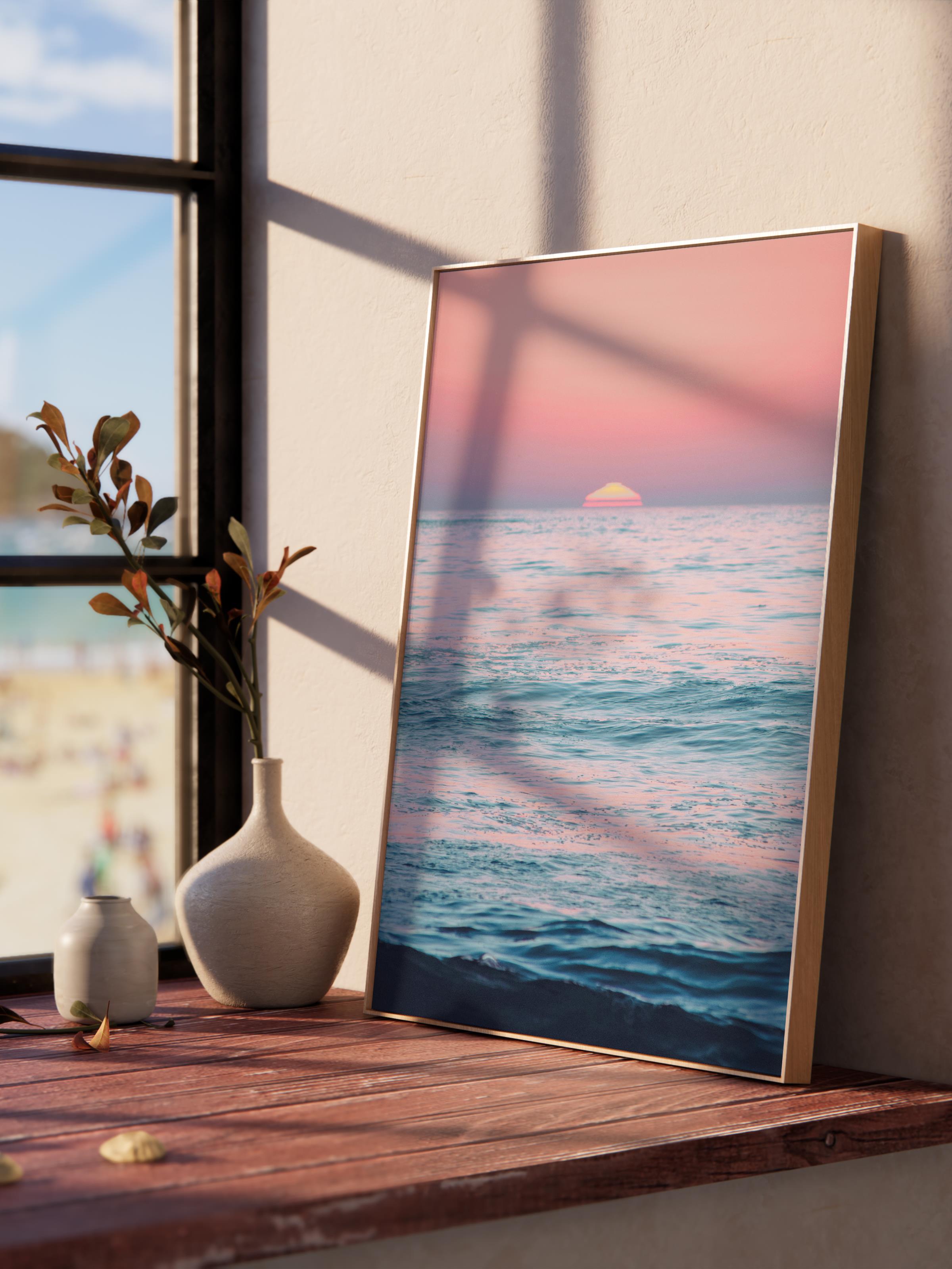 Çerçevesiz Poster, Yaz Temalı Tablo NO:56, Gün Batımında Deniz Fotoğrafı, Pembe Poster, Dikey