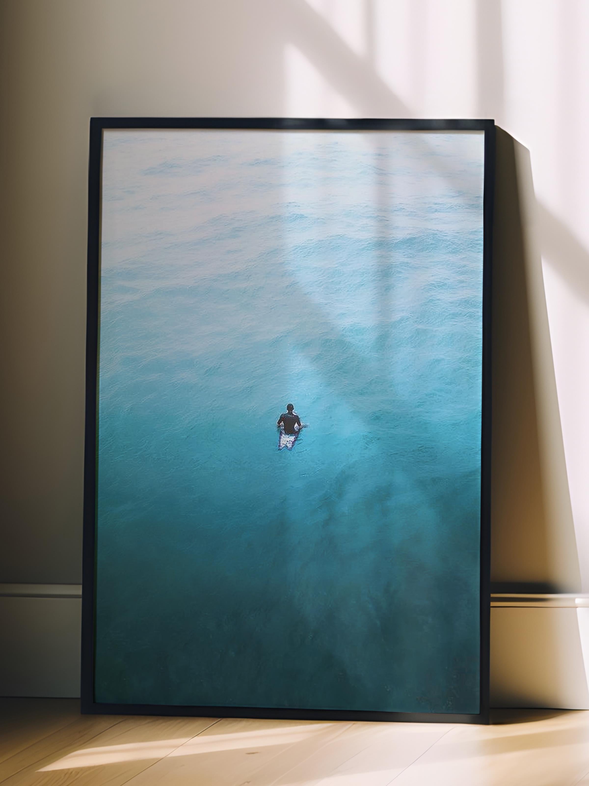 Çerçevesiz Poster, Yaz Temalı Tablo NO:60, Yalnız Sörfçü Fotoğrafı, Mavi Poster, Dikey