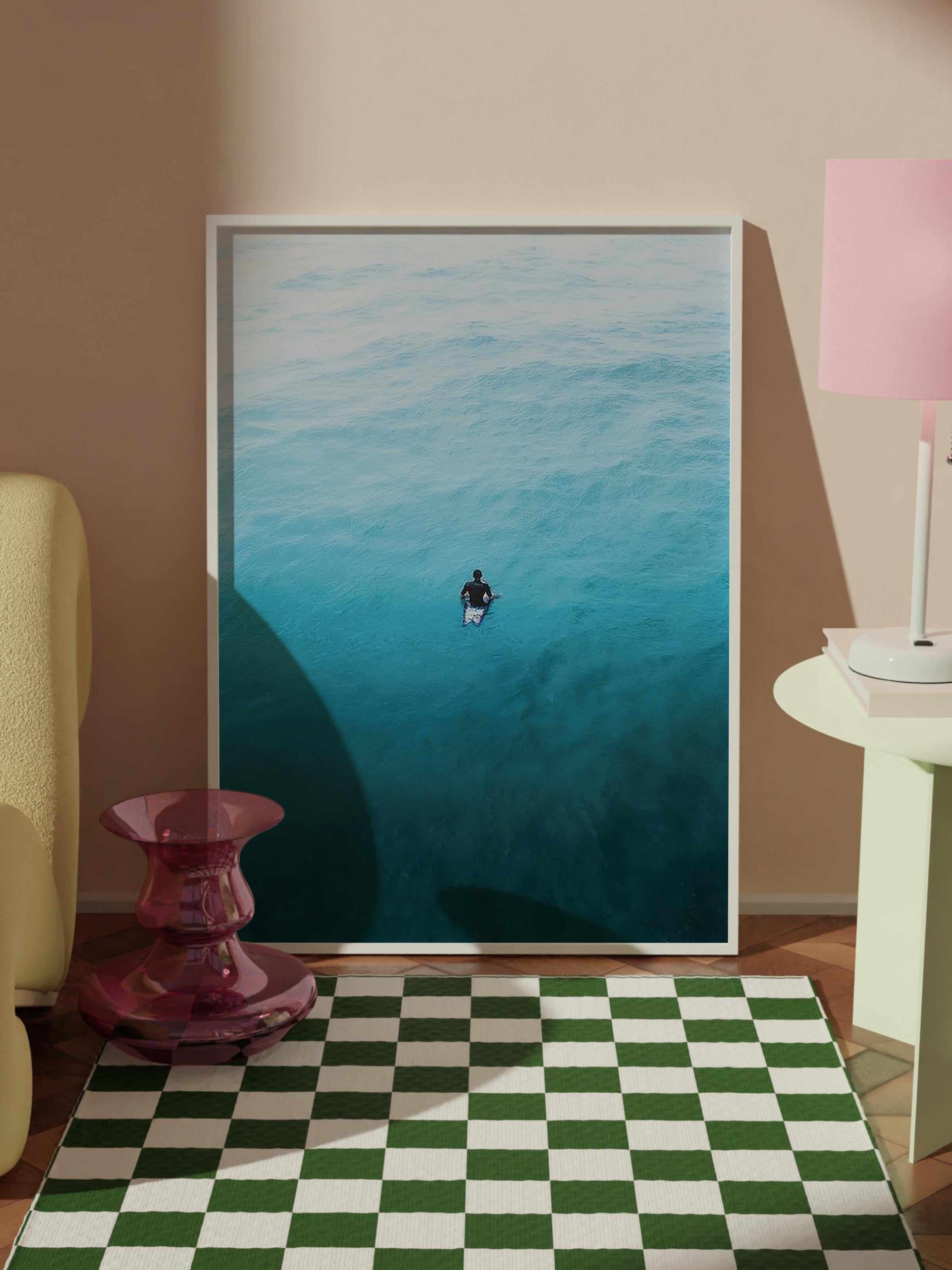 Çerçevesiz Poster, Yaz Temalı Tablo NO:60, Yalnız Sörfçü Fotoğrafı, Mavi Poster, Dikey