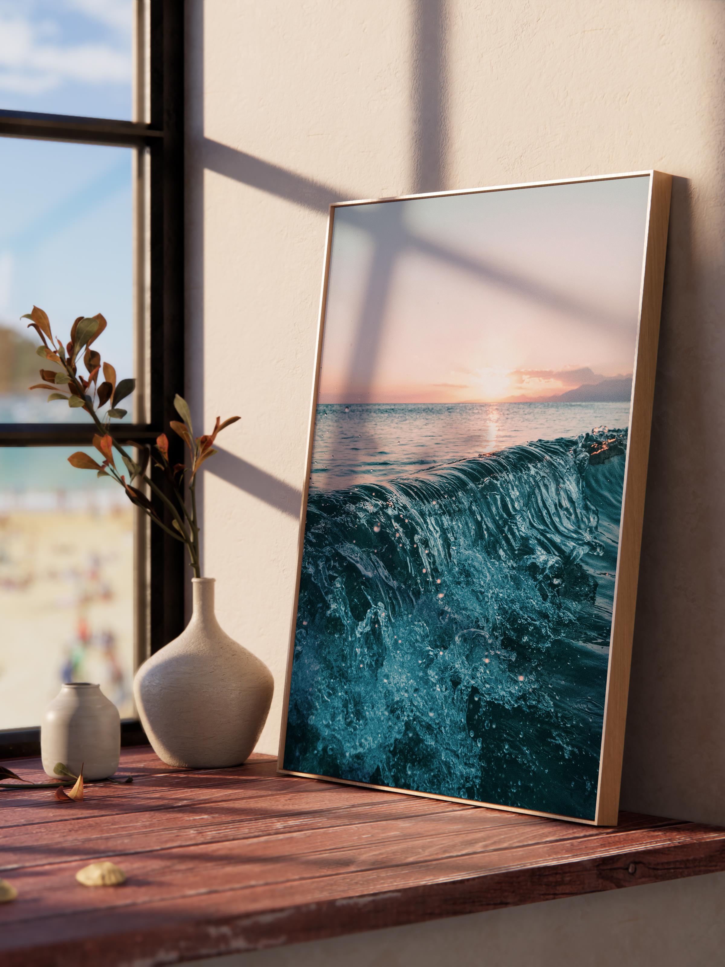 Çerçevesiz Poster, Yaz Temalı Tablo NO:64, Gün Batımında Dalga Fotoğrafı, Mavi Poster, Dikey