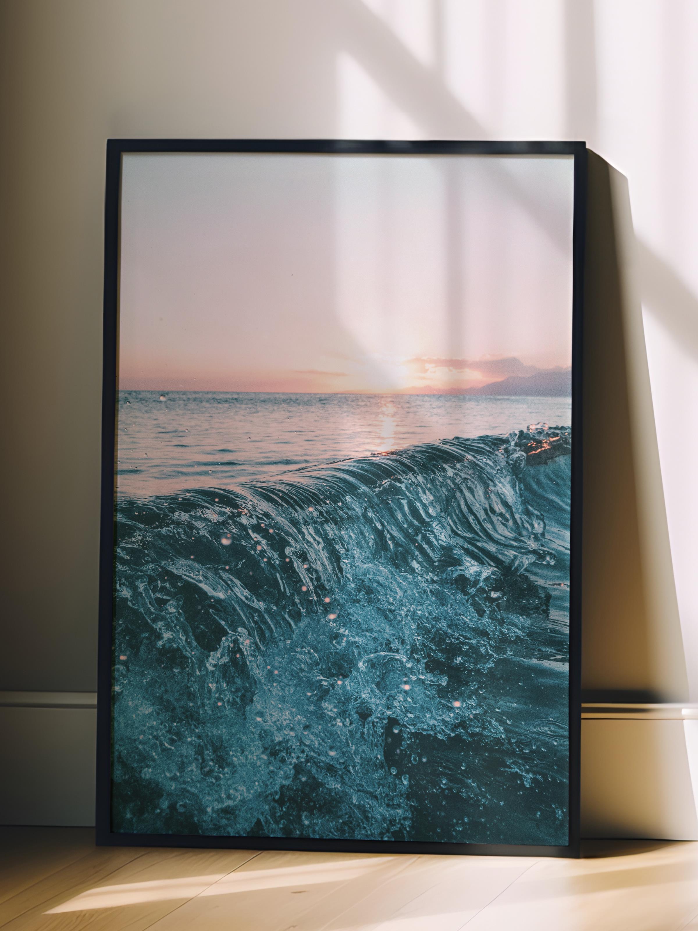 Çerçevesiz Poster, Yaz Temalı Tablo NO:64, Gün Batımında Dalga Fotoğrafı, Mavi Poster, Dikey
