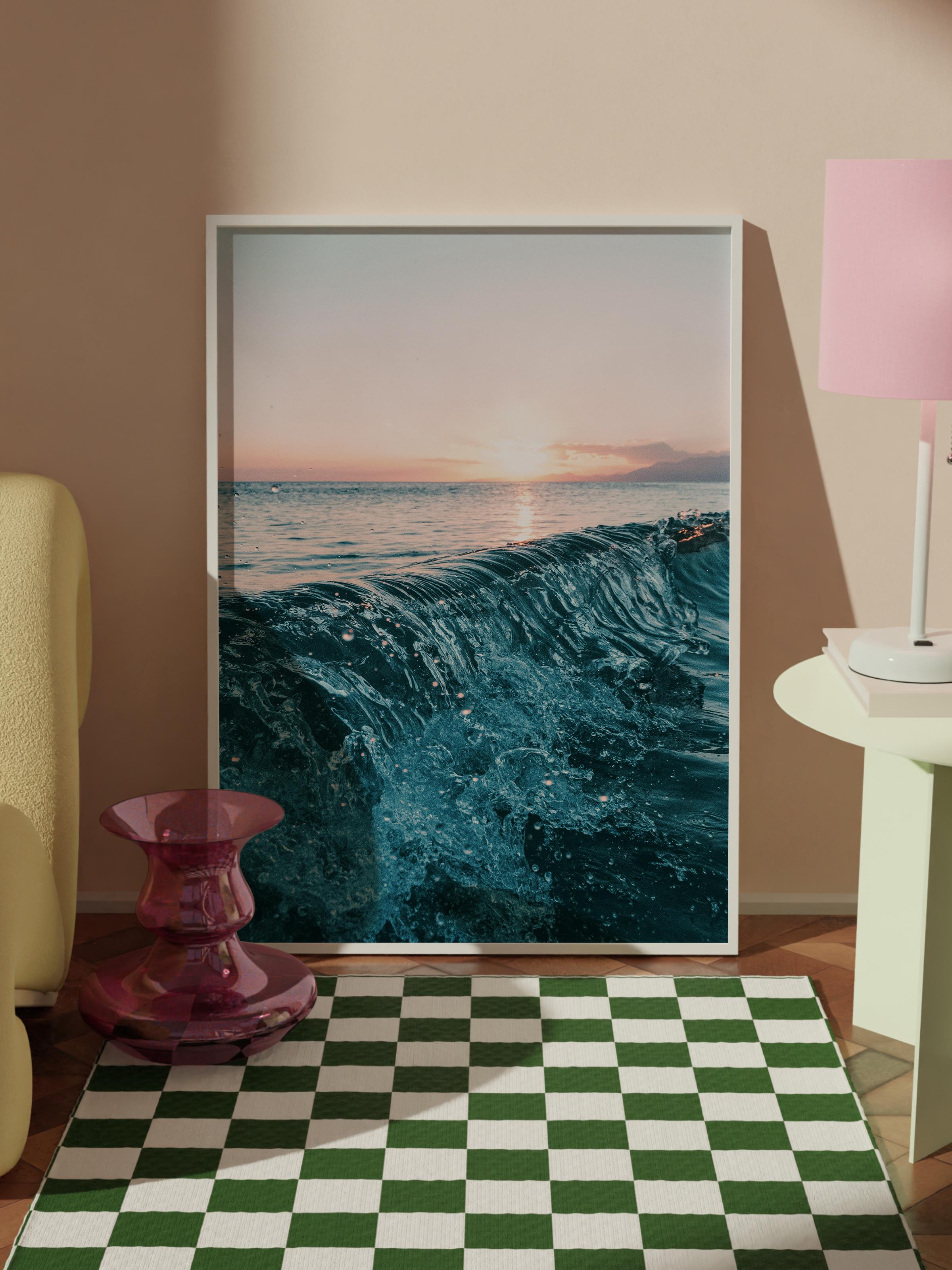 Çerçevesiz Poster, Yaz Temalı Tablo NO:64, Gün Batımında Dalga Fotoğrafı, Mavi Poster, Dikey