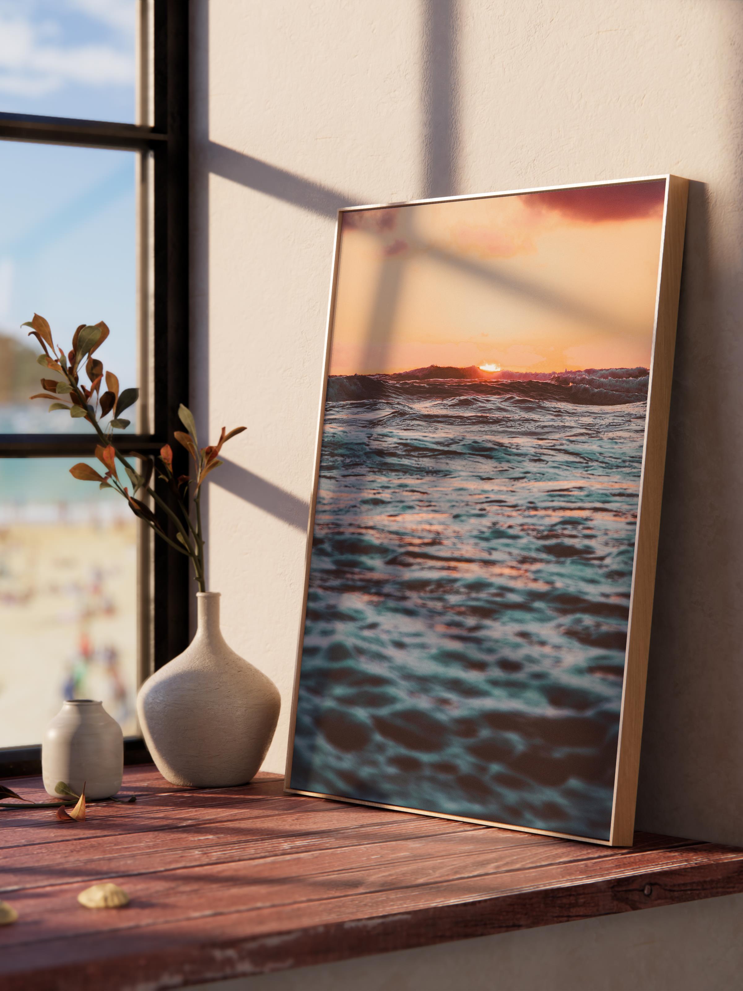 Çerçevesiz Poster, Yaz Temalı Tablo NO:73, Gün Batımında Deniz Fotoğrafı, Turuncu Poster, Dikey