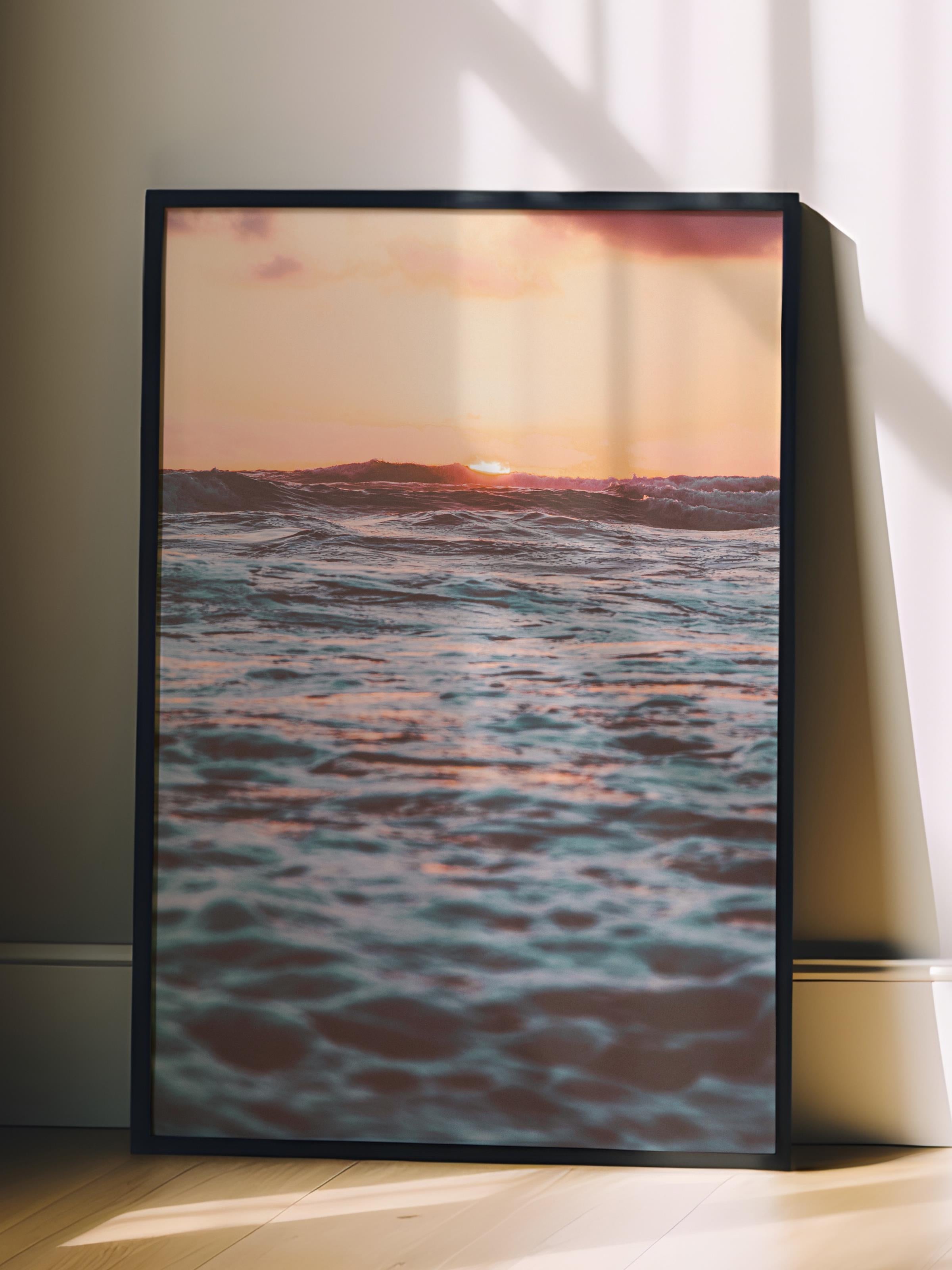 Çerçevesiz Poster, Yaz Temalı Tablo NO:73, Gün Batımında Deniz Fotoğrafı, Turuncu Poster, Dikey