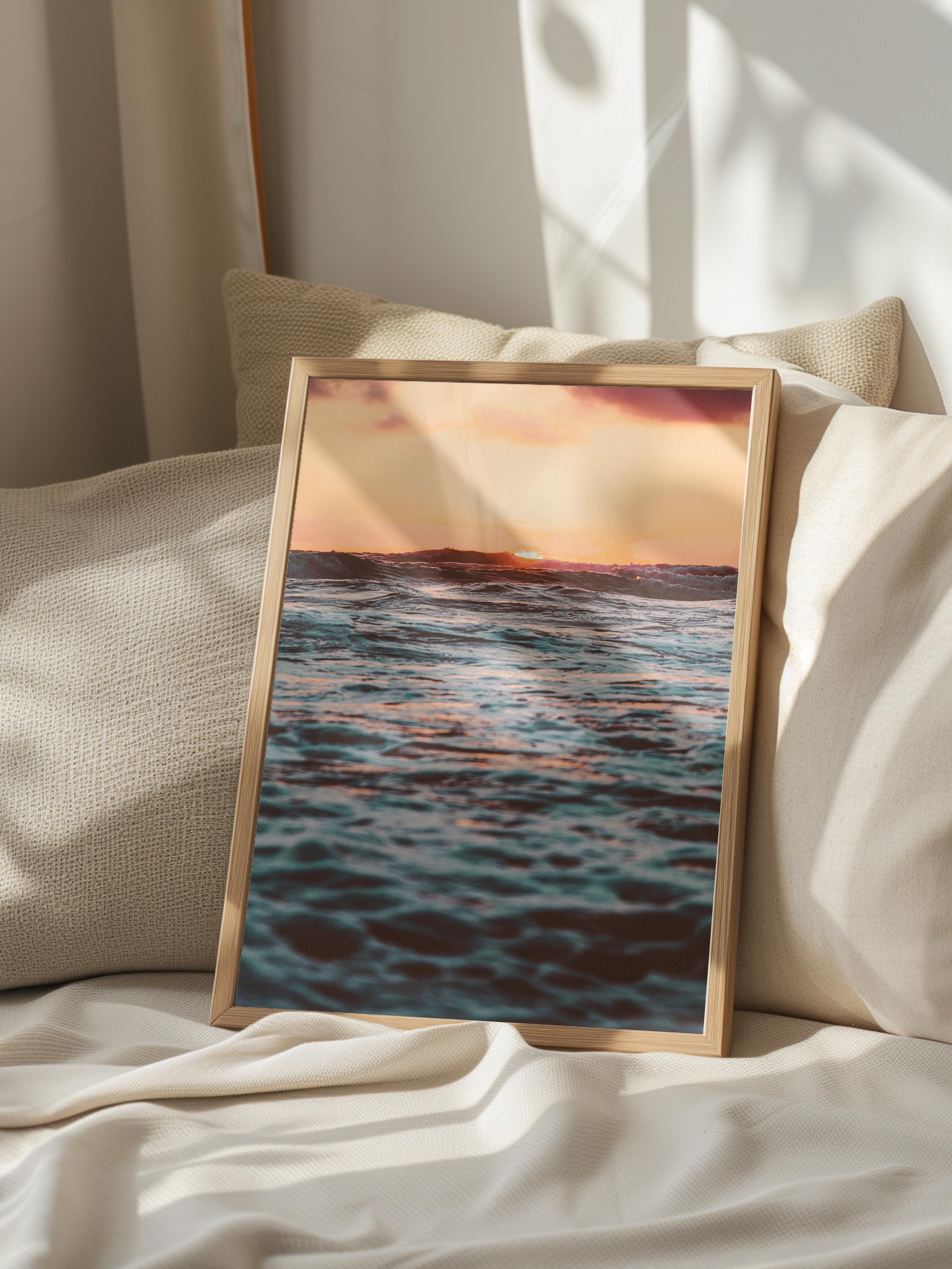 Çerçevesiz Poster, Yaz Temalı Tablo NO:73, Gün Batımında Deniz Fotoğrafı, Turuncu Poster, Dikey