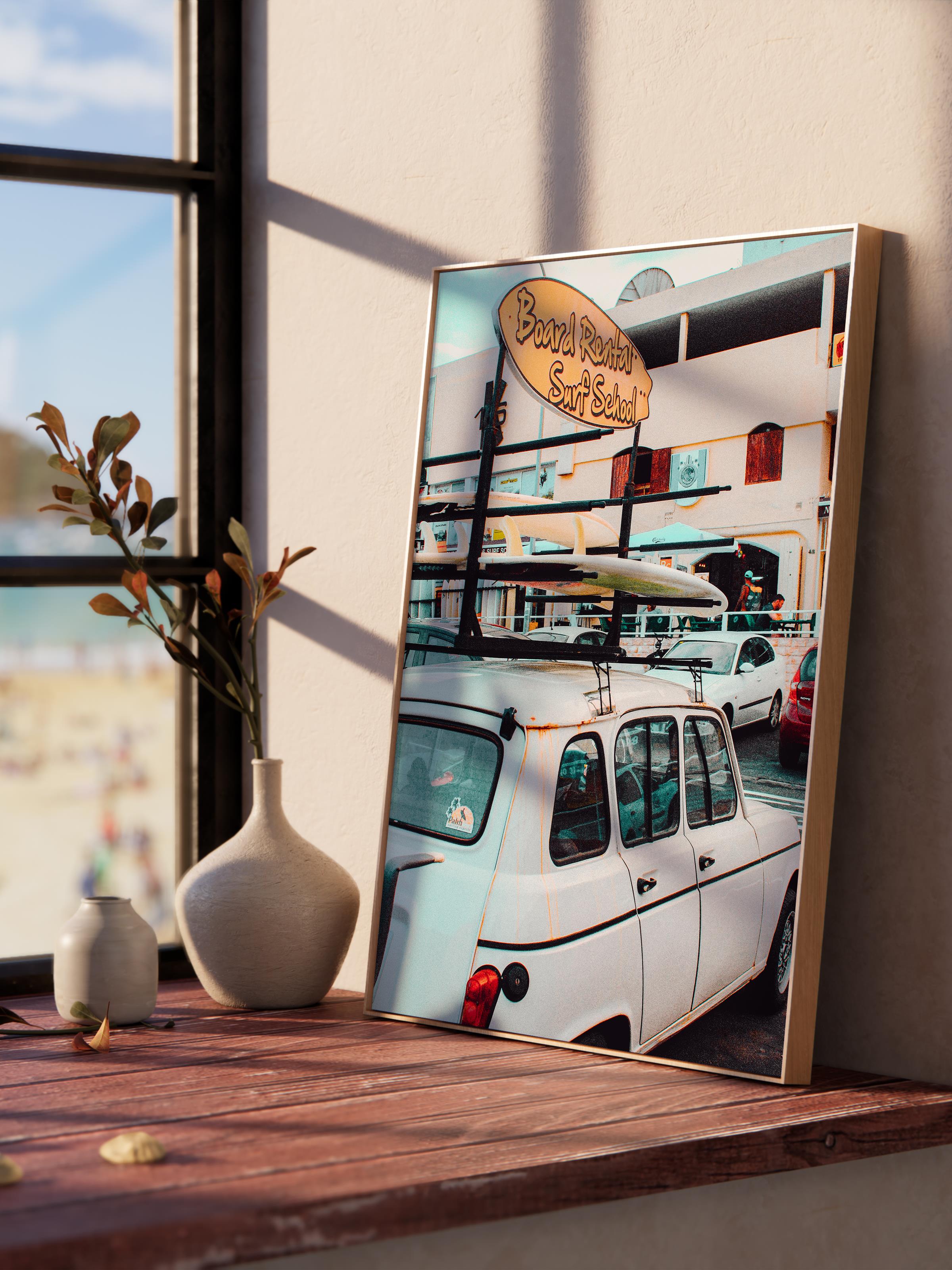 Çerçevesiz Poster, Yaz Temalı Tablo NO:74, Sörf Tahtaları ve Minibüs Fotoğrafı, Beyaz Poster, Dikey