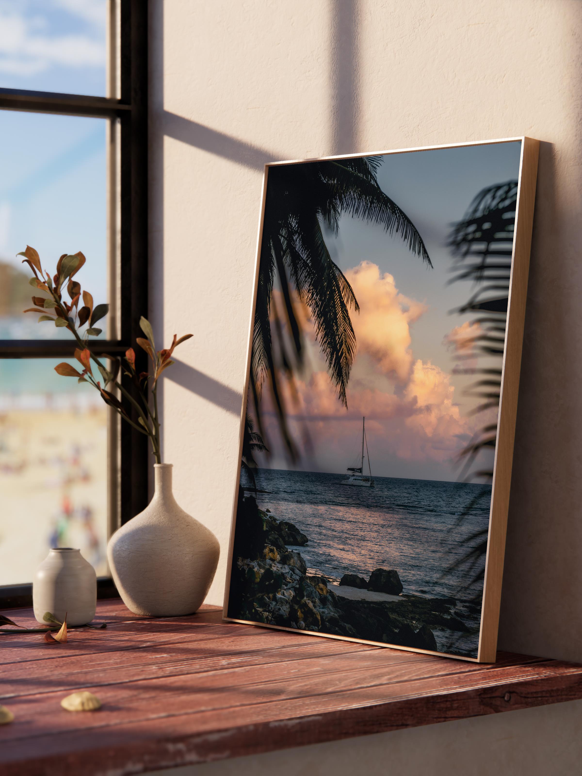 Çerçevesiz Poster, Yaz Temalı Tablo NO:76, Palmiye ve Gün Batımı Fotoğrafı, Siyah Poster, Dikey