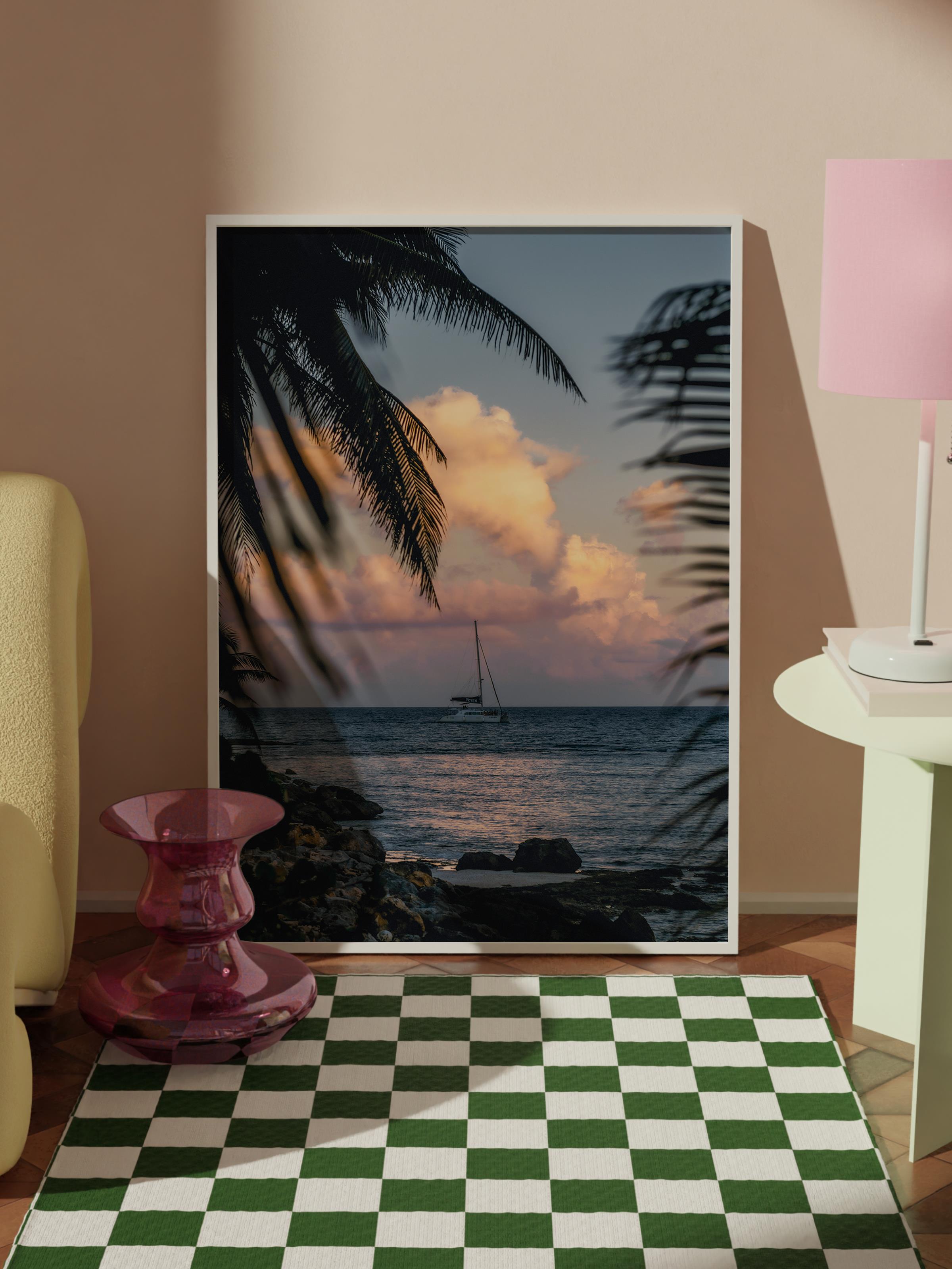 Çerçevesiz Poster, Yaz Temalı Tablo NO:76, Palmiye ve Gün Batımı Fotoğrafı, Siyah Poster, Dikey