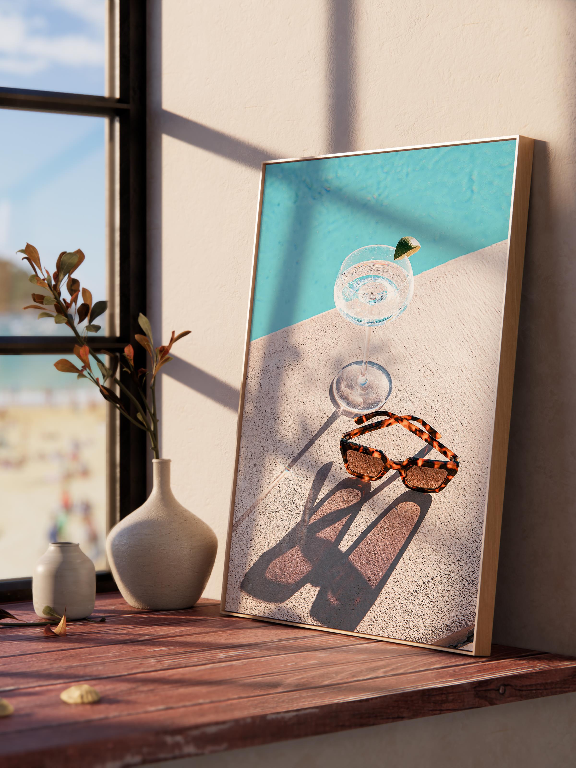 Çerçevesiz Poster, Yaz Temalı Tablo NO:93, Havuz Kenarı Gözlük ve Limonata Fotoğrafı, Mavi, Dikey