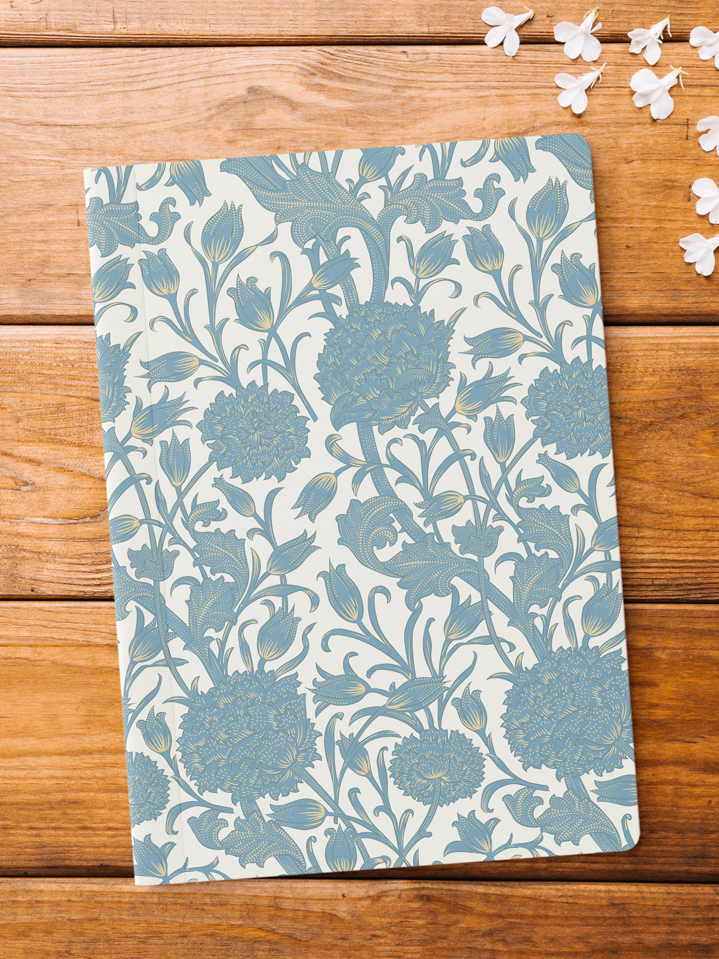 Çizgisiz Defter, Mavi Çiçek Desenli Notebook, Not Defteri, Akıl ve Anı Defteri, 64 Sayfa, 14*21cm