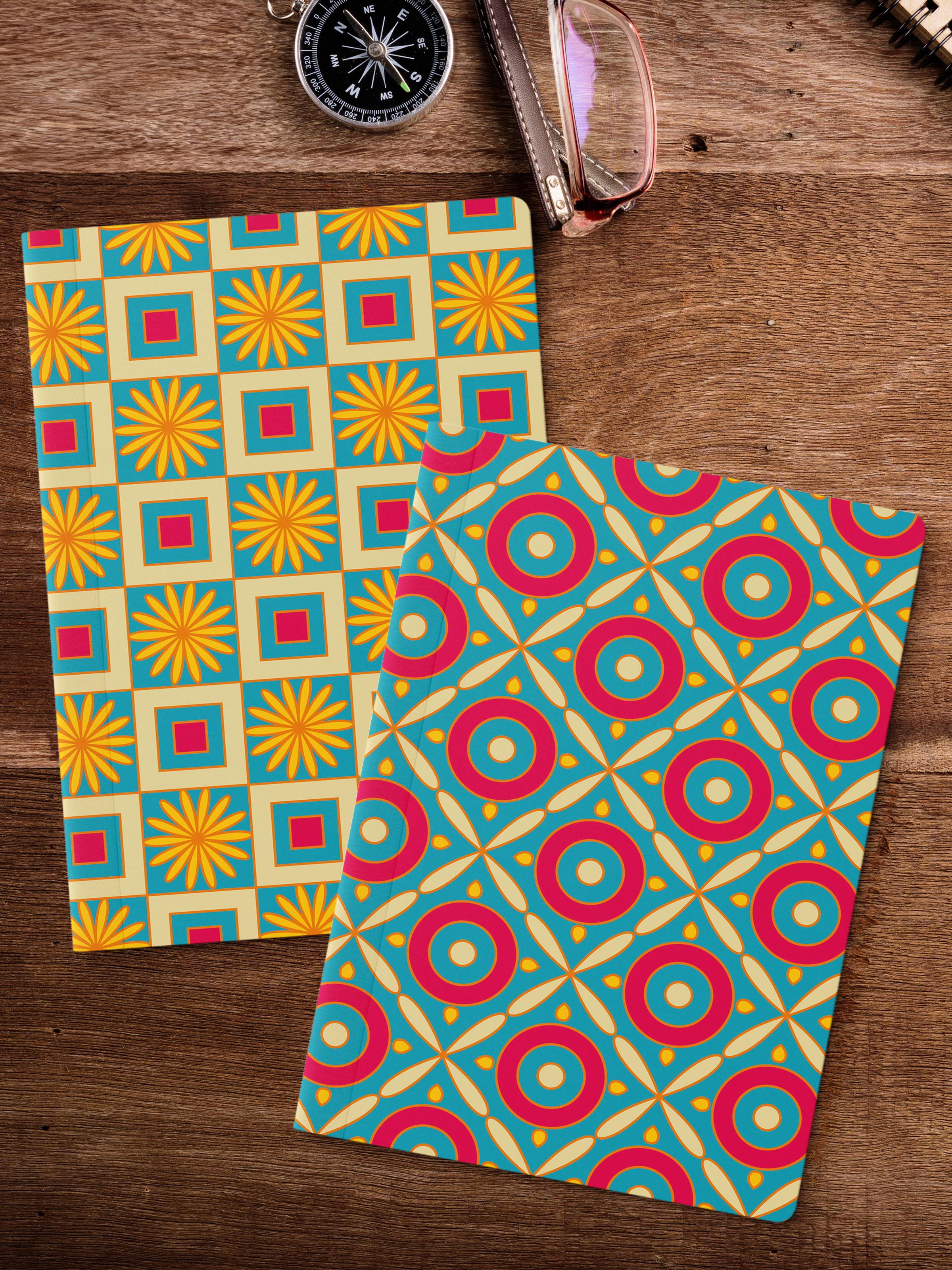 Çizgisiz Defter Seti, 2 Adet Geometrik Desenli Notebook, Not Defteri, Anı Defteri, 64 Sayfa Orta Boy