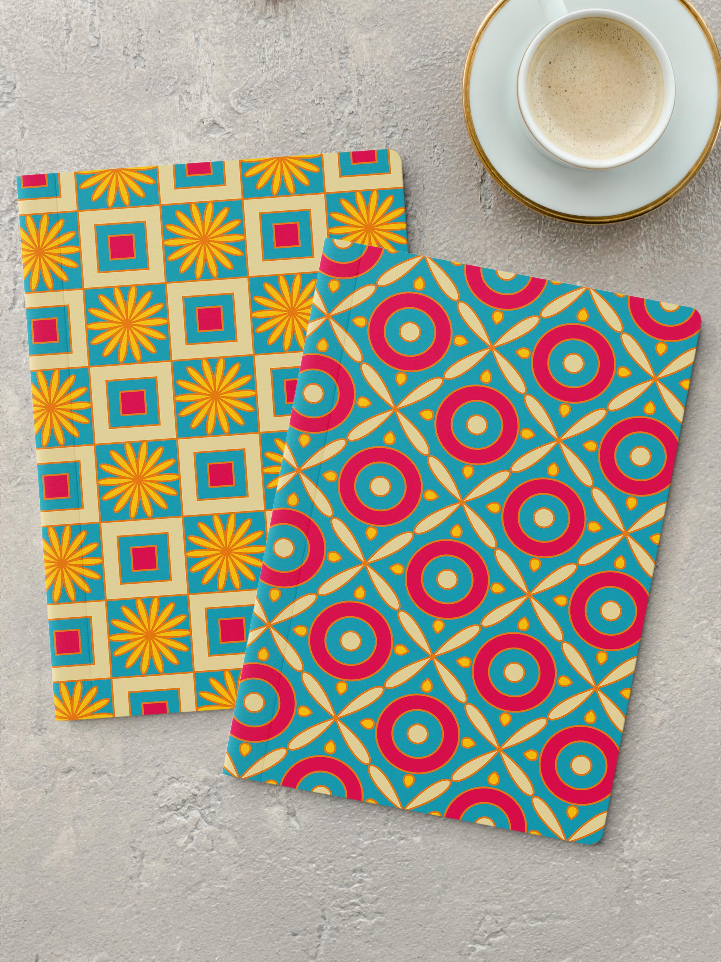 Çizgisiz Defter Seti, 2 Adet Geometrik Desenli Notebook, Not Defteri, Anı Defteri, 64 Sayfa Orta Boy