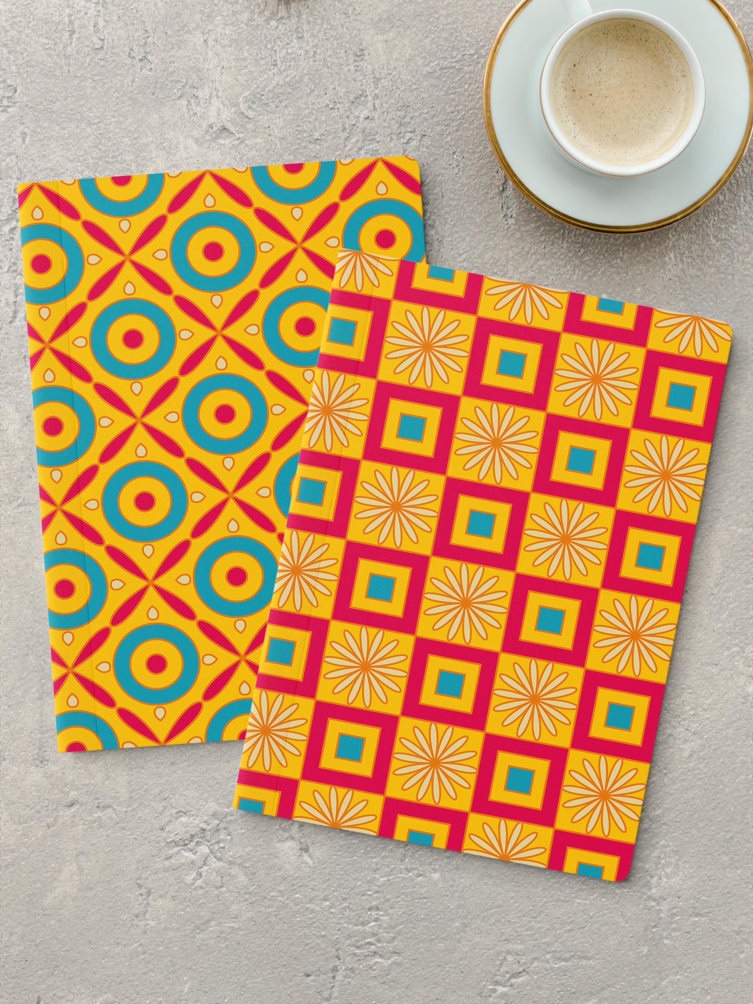 Çizgisiz Defter Seti, 2 Adet Geometrik Desenli Notebook, Not Defteri, Anı Defteri, 64 Sayfa Orta Boy