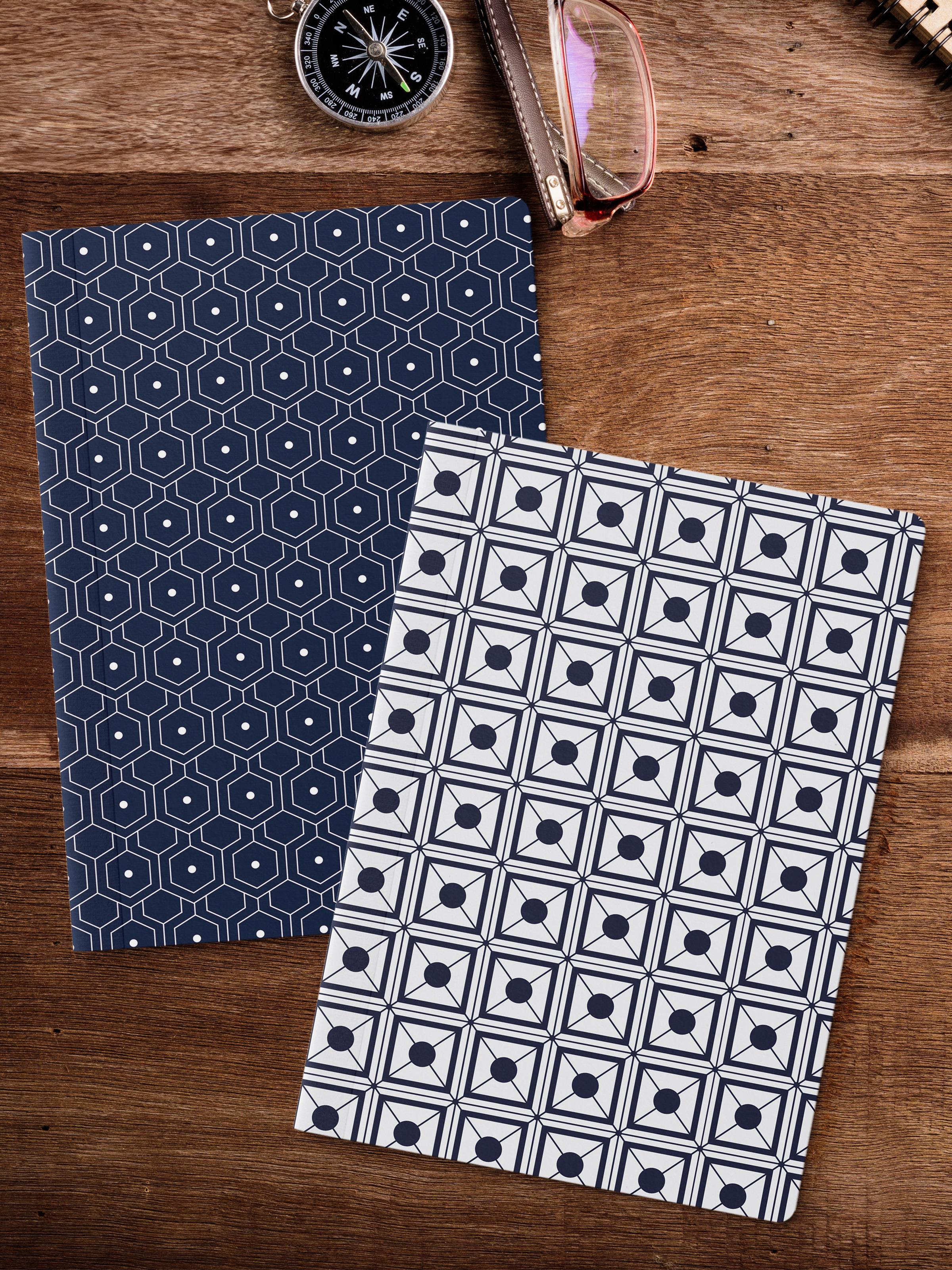 Çizgisiz Defter Seti, 2 Adet Geometrik Desenli Notebook, Not Defteri, Anı Defteri, 64 Sayfa Orta Boy