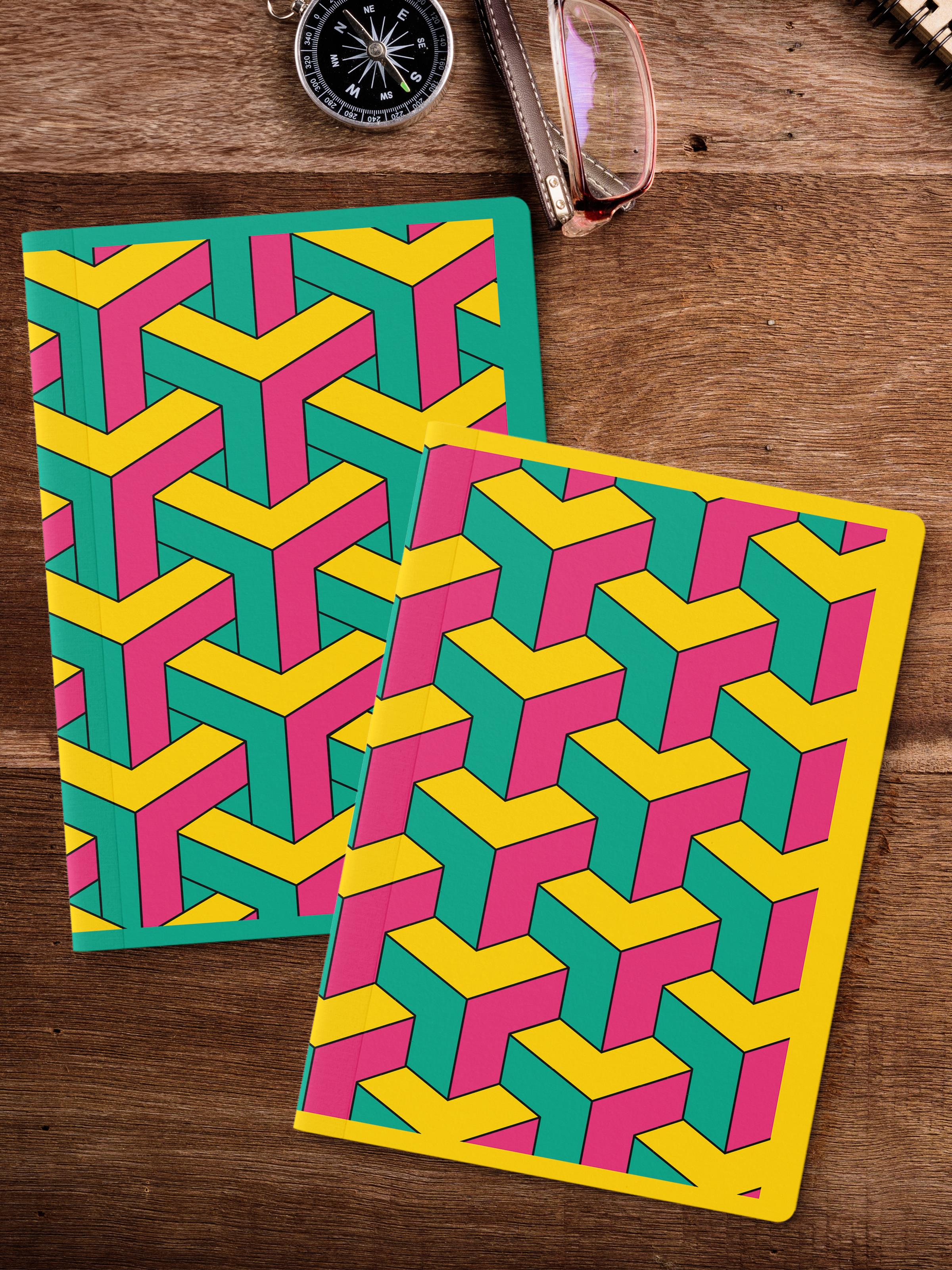Çizgisiz Defter Seti, 2 Adet Vintage Desenli Notebook, Not Defteri, Anı Defteri, 64 Sayfa Orta Boy