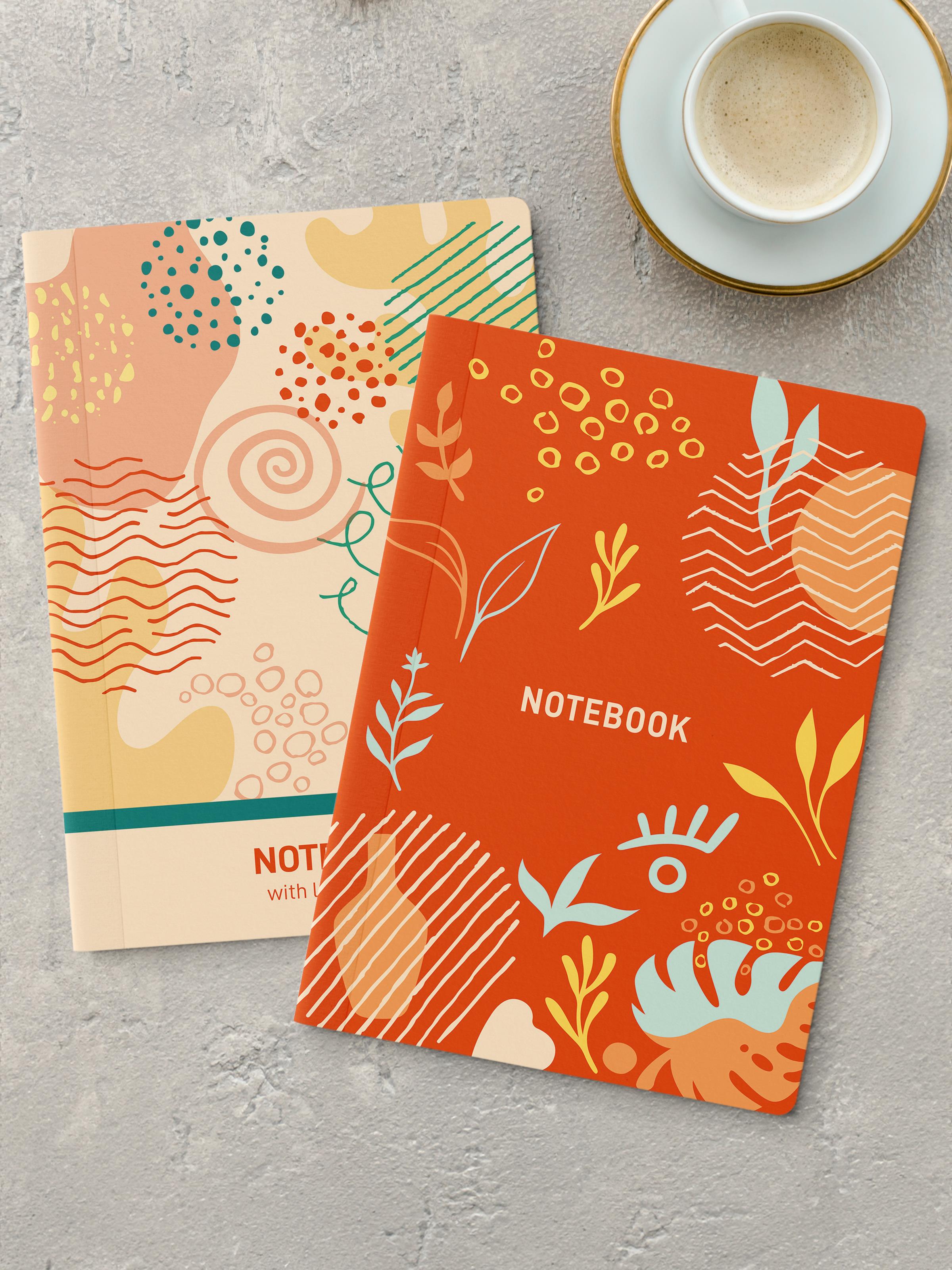 Çizgisiz Defter Seti, 2 Adet Vintage Desenli Notebook, Not Defteri, Anı Defteri, 64 Sayfa Orta Boy