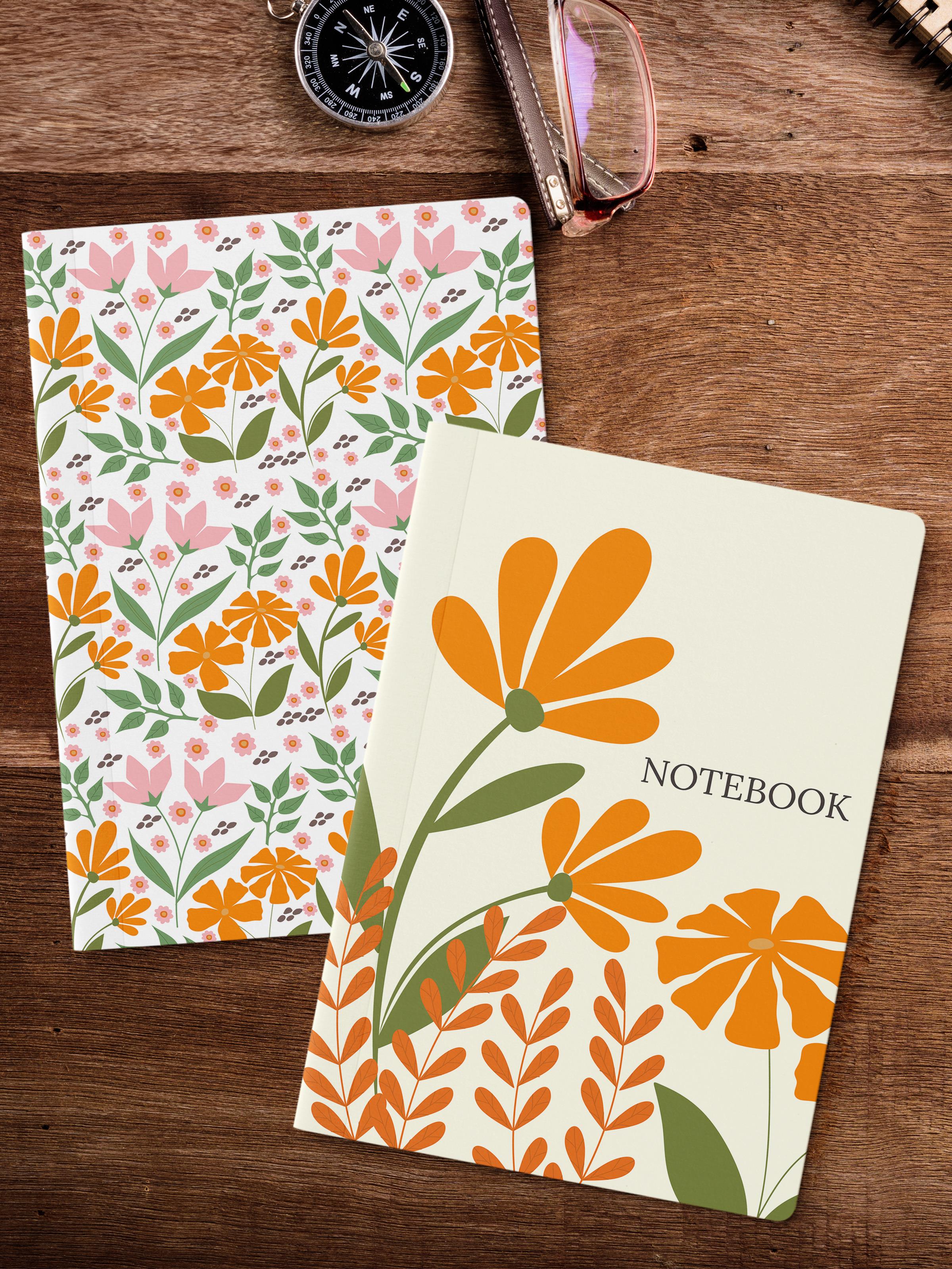 Çizgisiz Defter Seti, 2 Adet Vintage Desenli Notebook, Not Defteri, Anı Defteri, 64 Sayfa Orta Boy
