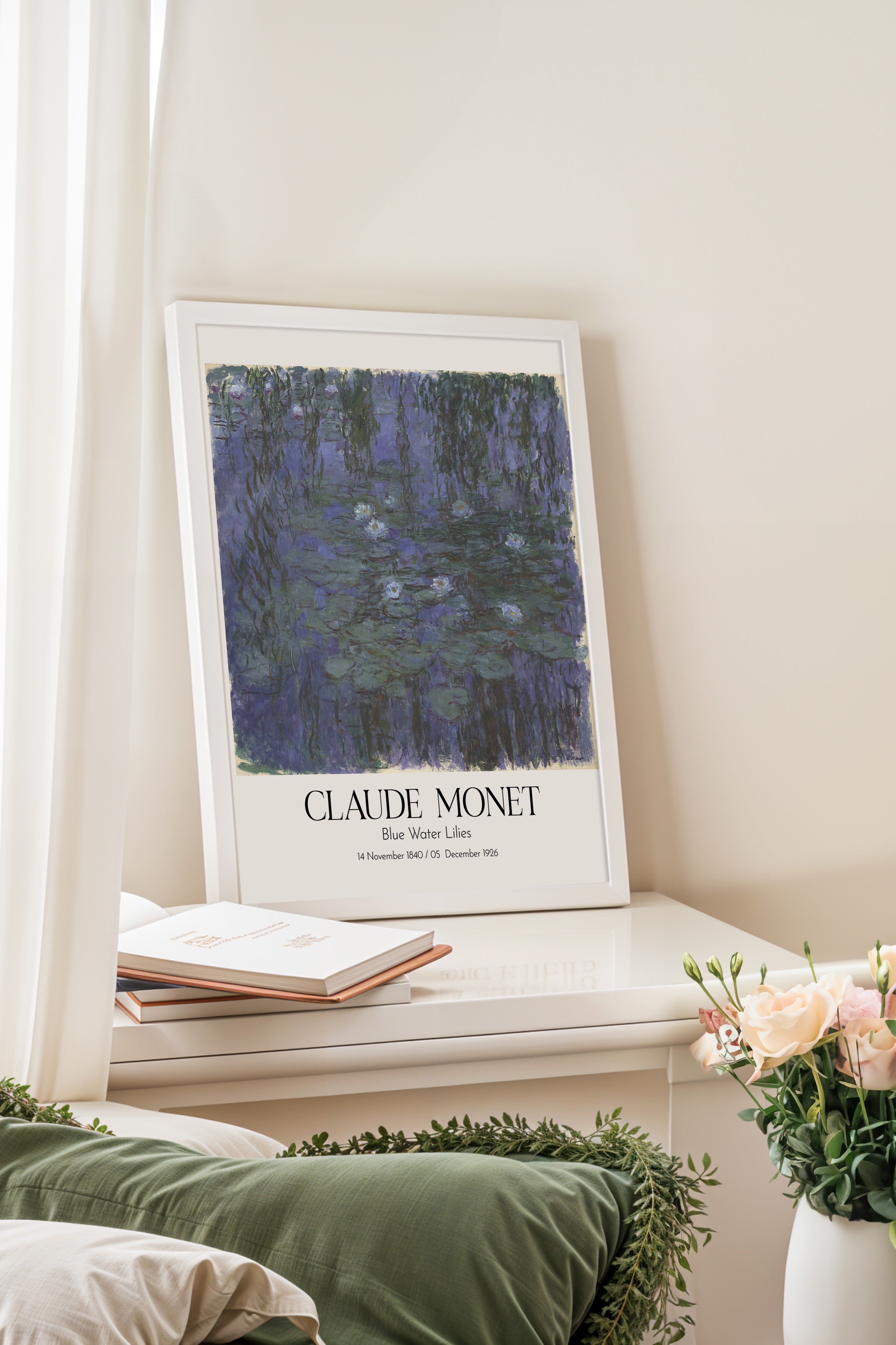 Claude Monet - Blue Water Lilies, Beyaz Çerçeveli Tablo, Sanat Serisi NO:110298