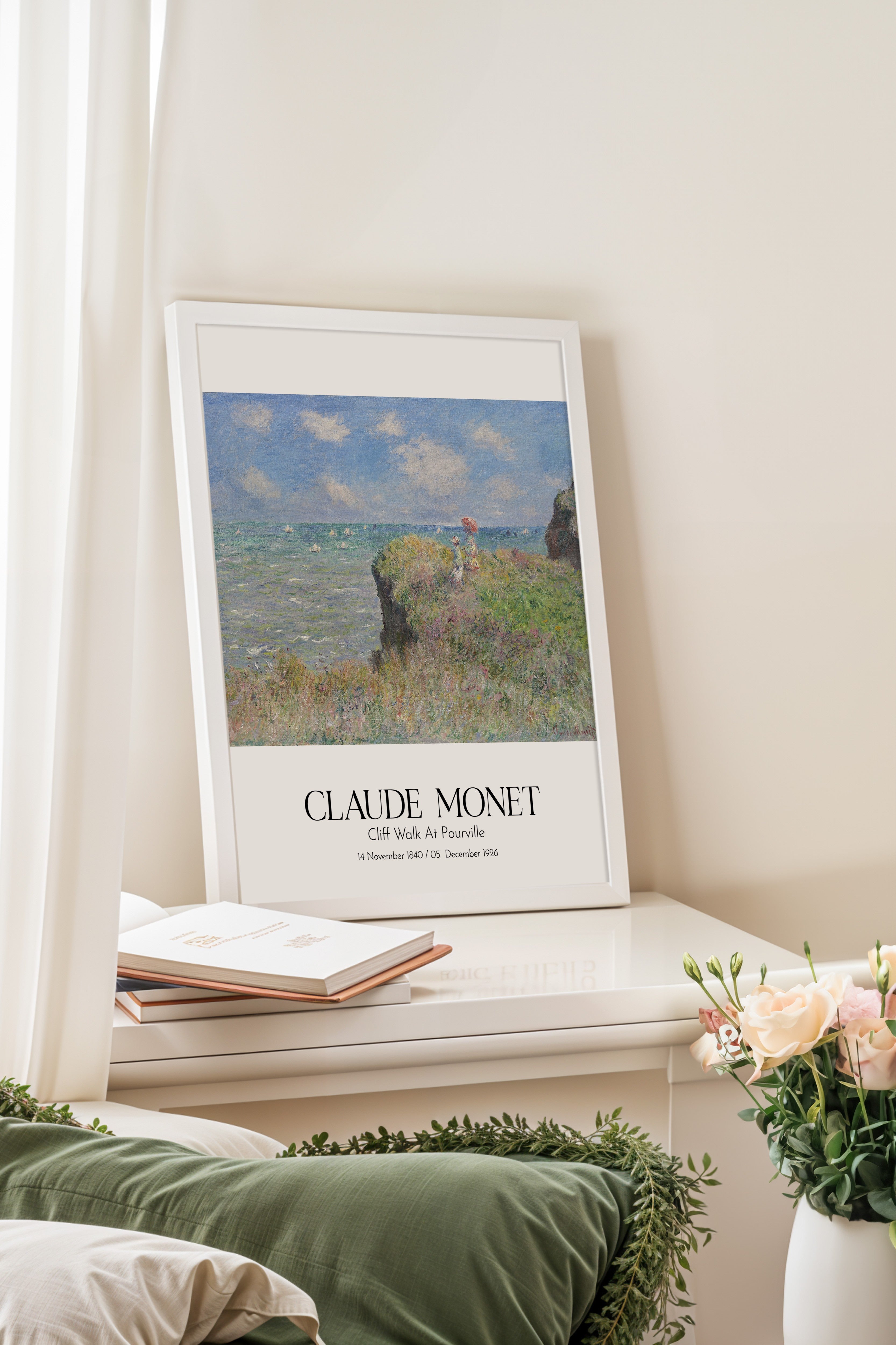Claude Monet - Cliff Walk At Pourville, Beyaz Çerçeveli Tablo, Sanat Serisi NO:110307