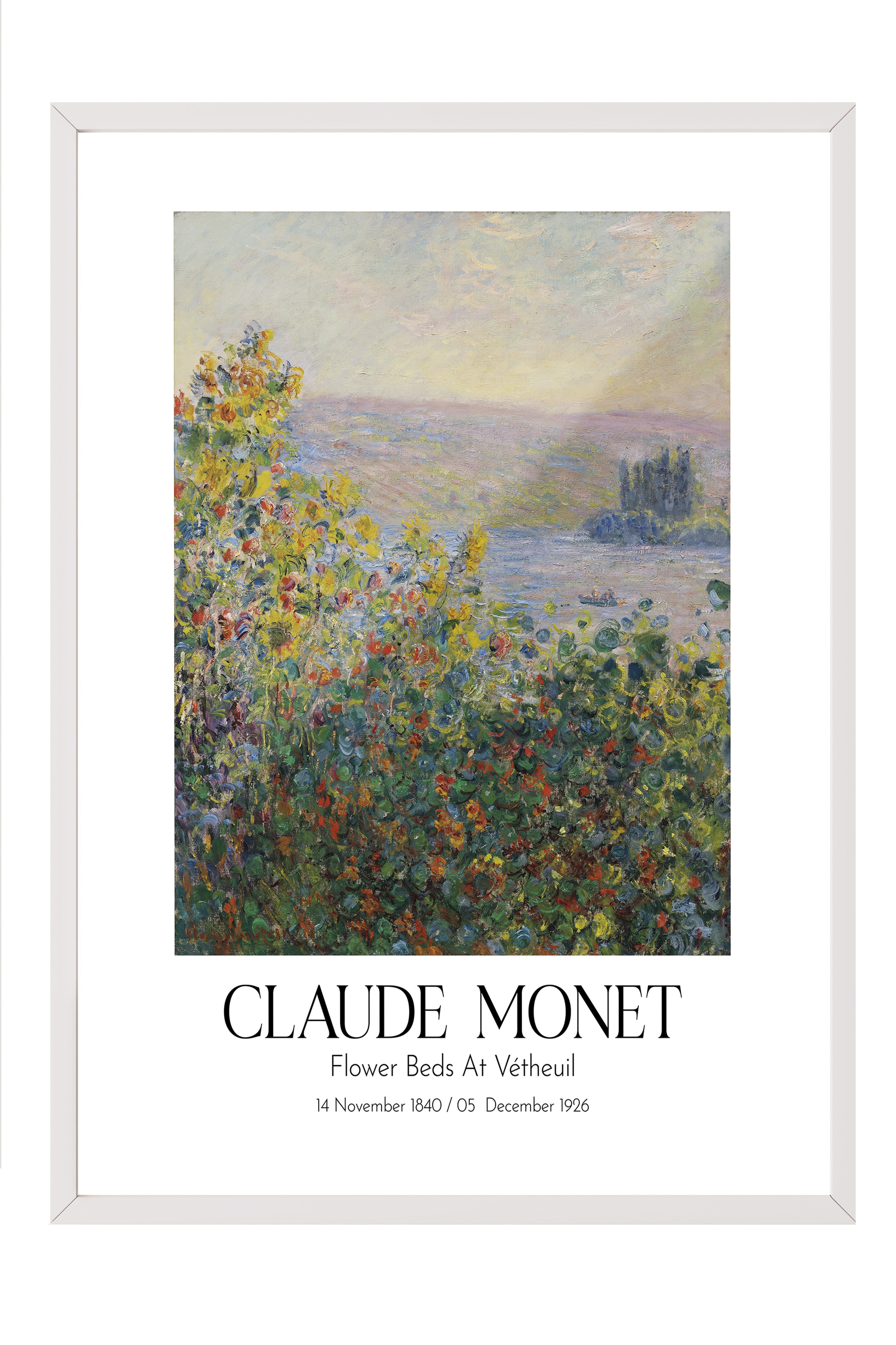 Claude Monet - Flower Beds At Vétheuil, Beyaz Çerçeveli Tablo, Sanat Serisi NO:110309
