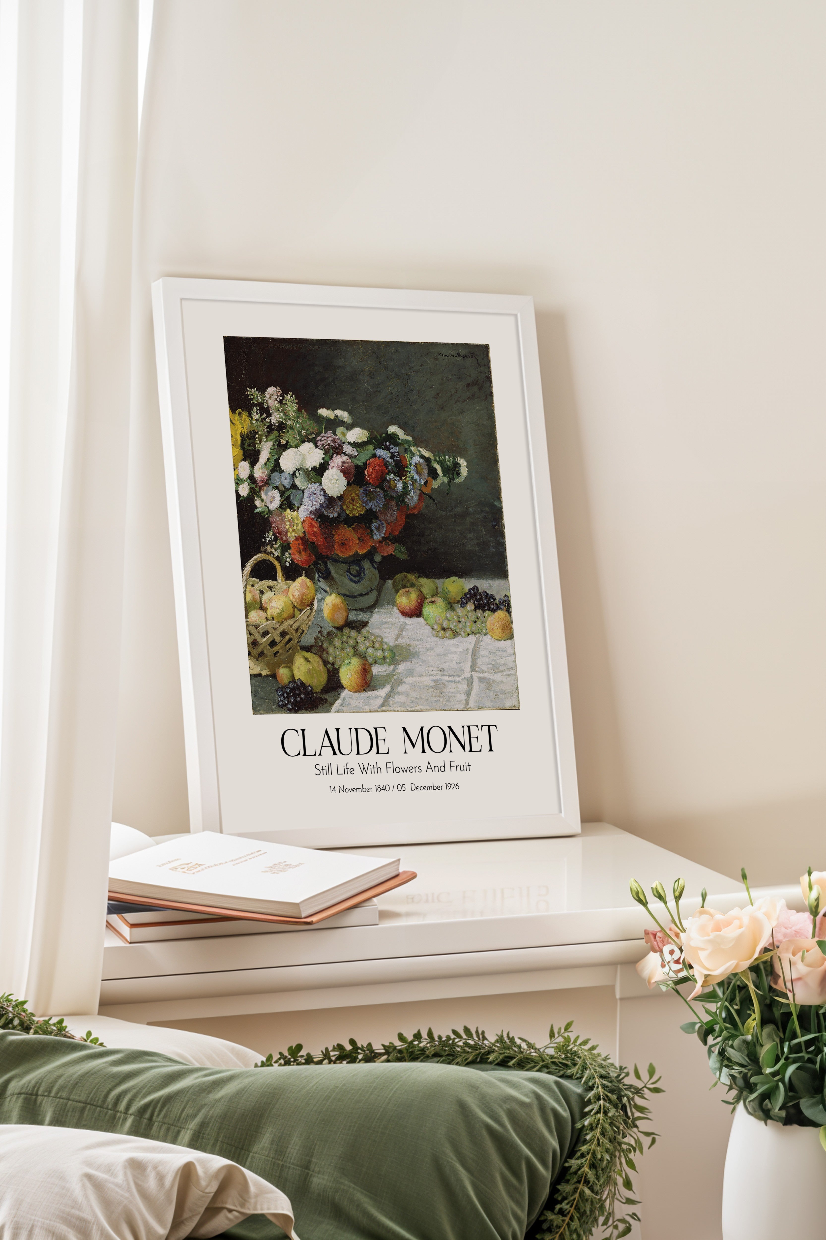 Claude Monet - Still Life With Flowers And Fruit, Beyaz Çerçeveli Tablo, Sanat Serisi NO:110308