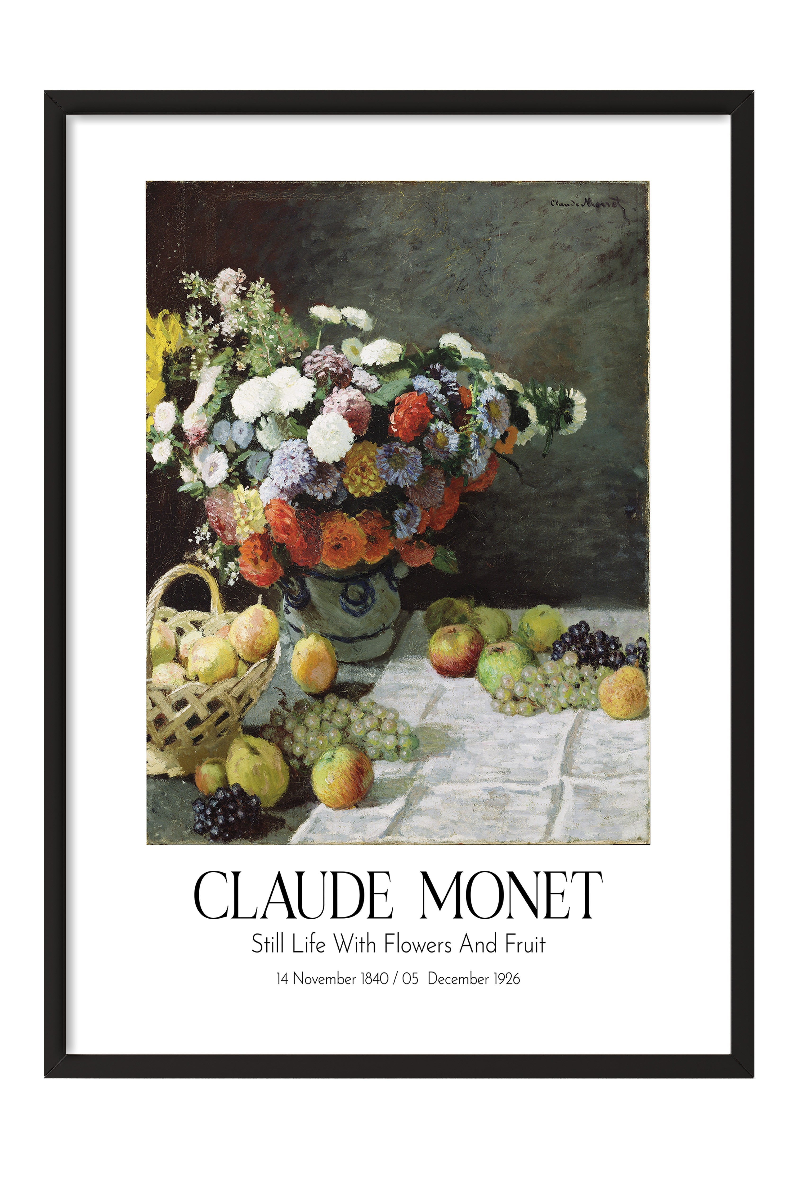 Claude Monet - Still Life With Flowers And Fruit, Siyah Çerçeveli Tablo, Sanat Serisi NO:110308