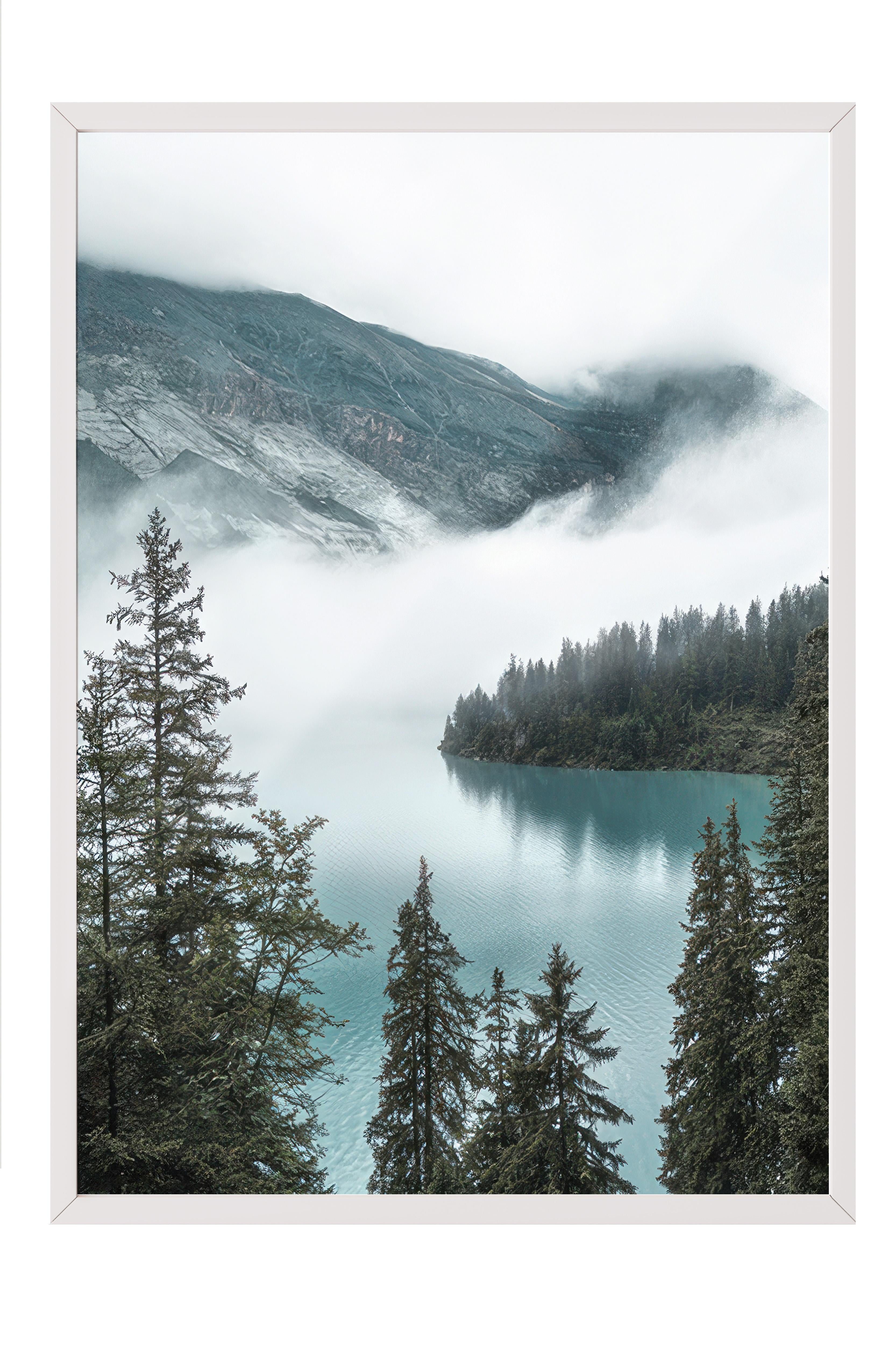 Cloudy Mountain Lake Beyaz Çerçeveli Tablo, Duvar Tablosu Comfort Serisi NO:108445