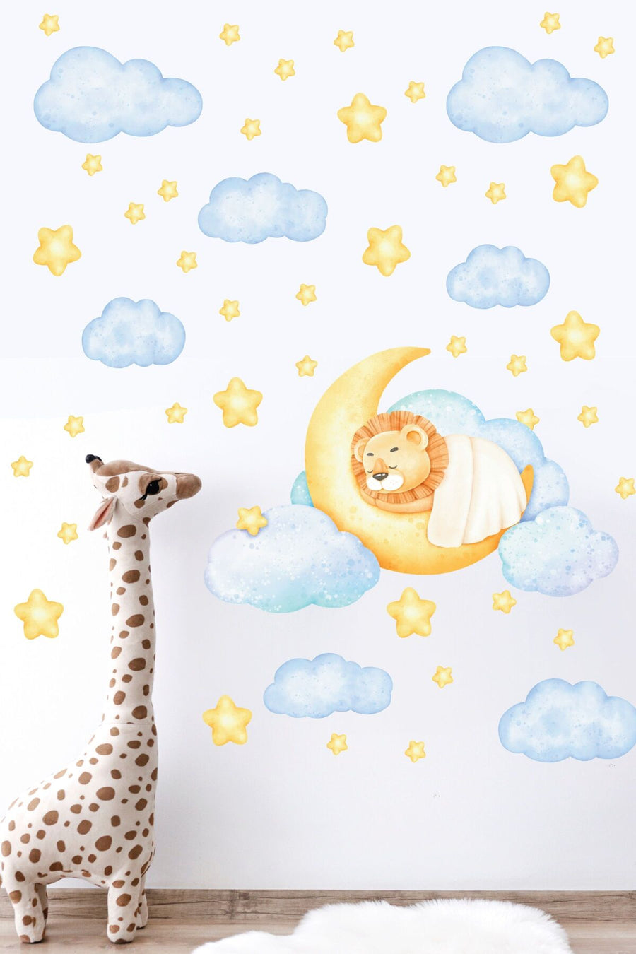 Çocuk Bebek Odası Sticker Seti, Sarı Uyuyan Aslan Temalı Çocuk ve Bebek Odası Duvar Stickerı