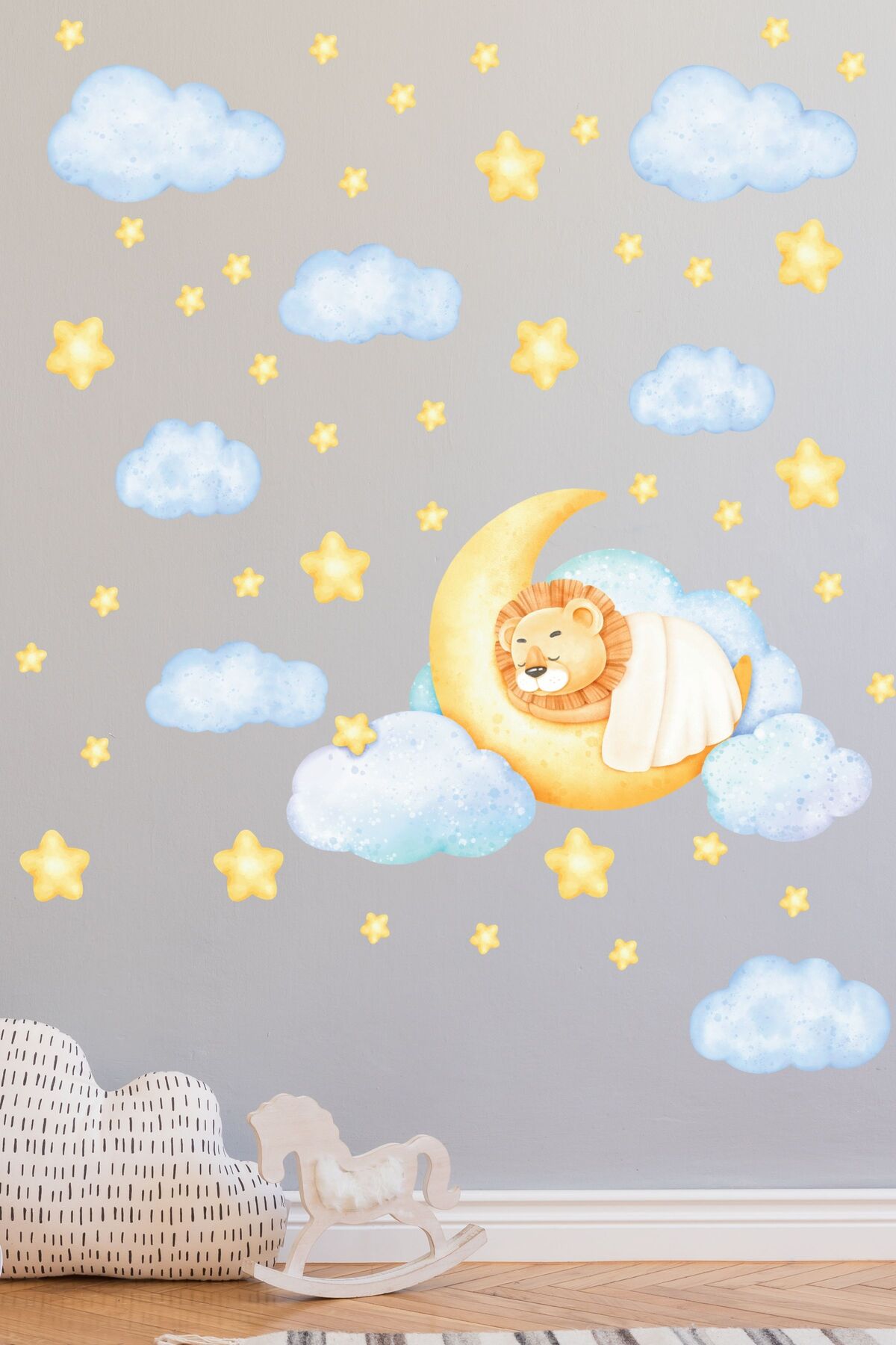 Çocuk Bebek Odası Sticker Seti, Sarı Uyuyan Aslan Temalı Çocuk ve Bebek Odası Duvar Stickerı