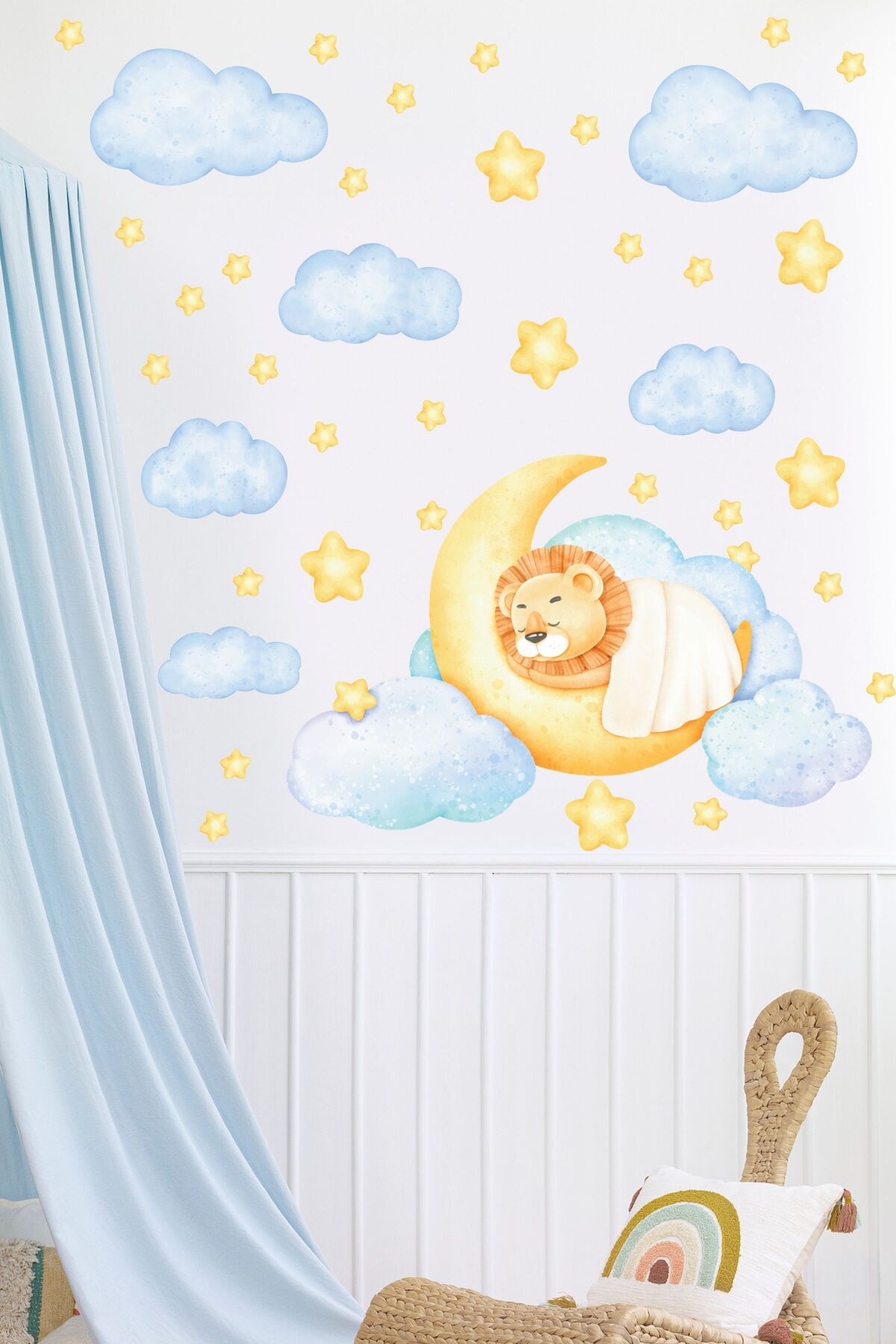 Çocuk Bebek Odası Sticker Seti, Sarı Uyuyan Aslan Temalı Çocuk ve Bebek Odası Duvar Stickerı