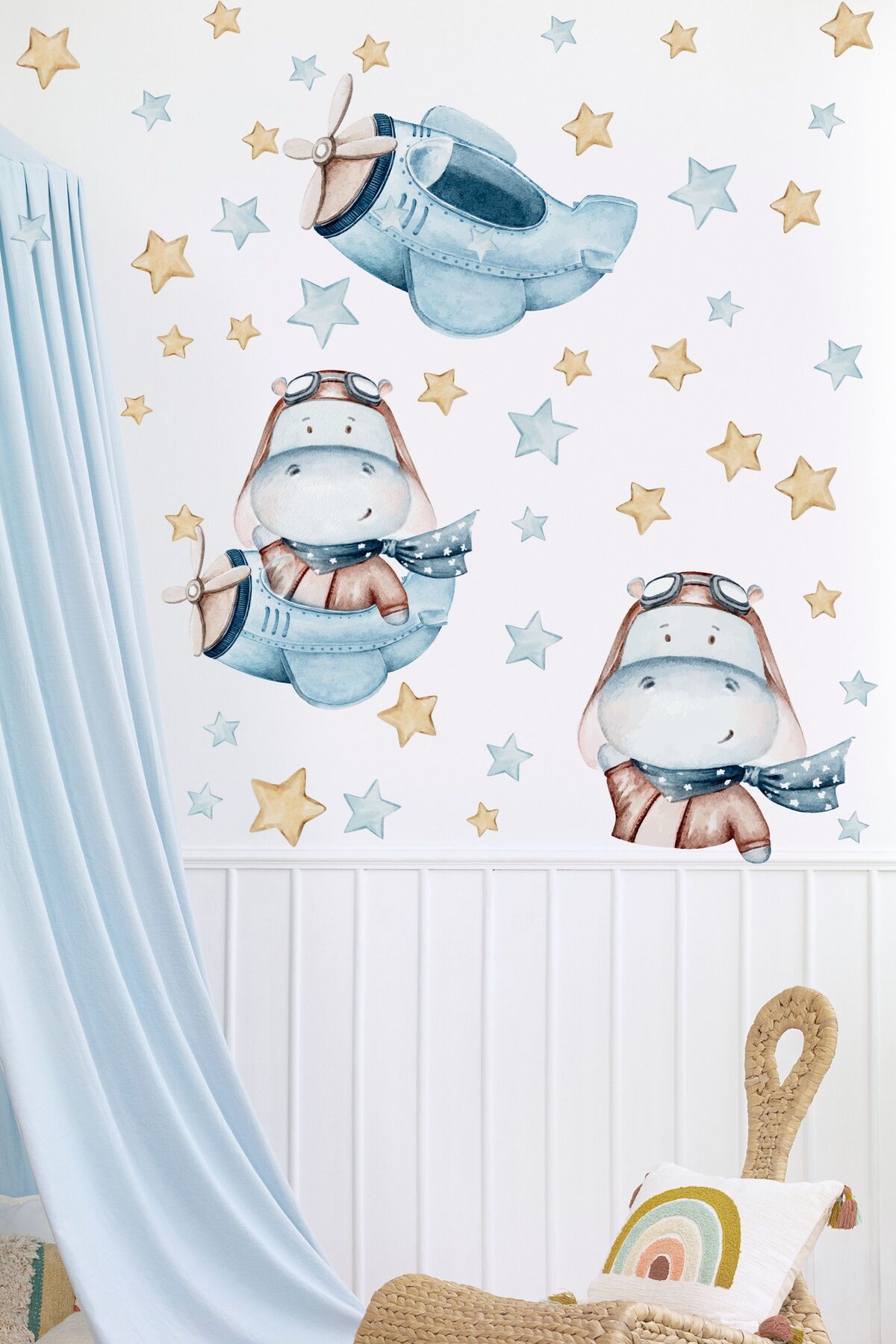 Çocuk Bebek Odası Sticker Seti, Uçak ve Su Aygırı Duvar Dekoru, Çocuk ve Bebek Odası Duvar Stickerı