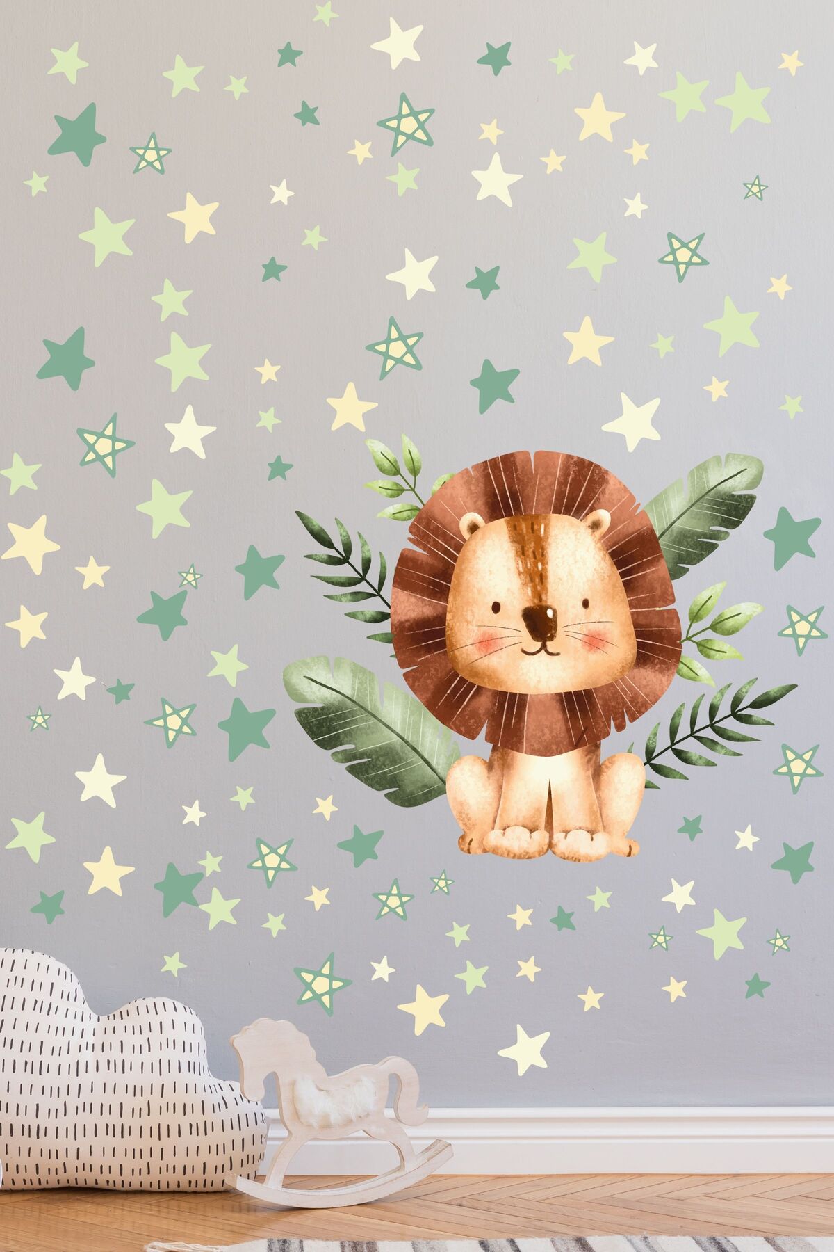Çocuk Bebek Odası Sticker Seti, Yeşil Aslan ve Doğa Temalı, Çocuk ve Bebek Odası Duvar Stickerı