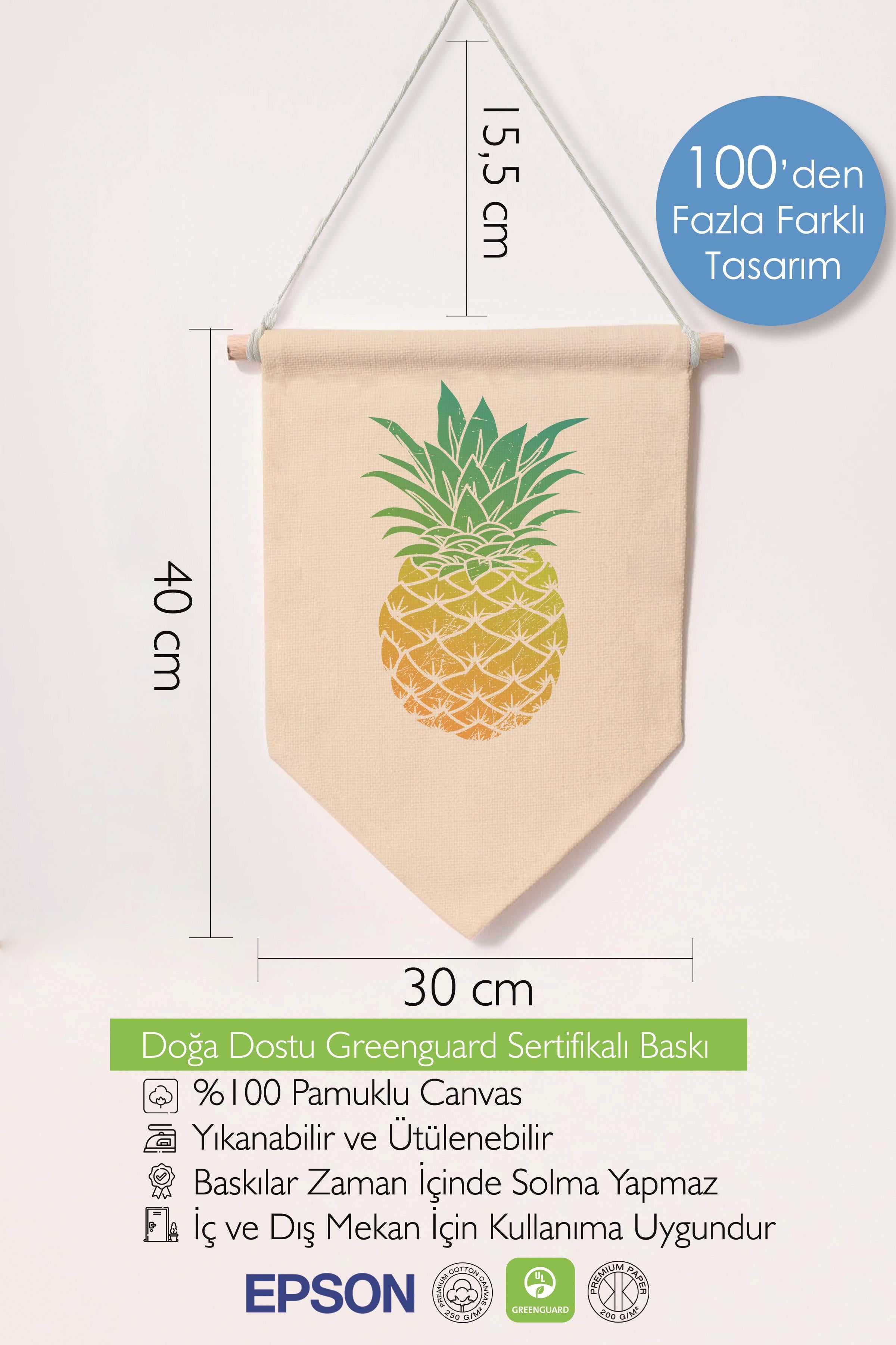 Çocuk Odası Dekor, Duvar Süsü, Ahşap Bebek Odası Dekor, Canvas Flama, Ananas - Sarı Yeşil