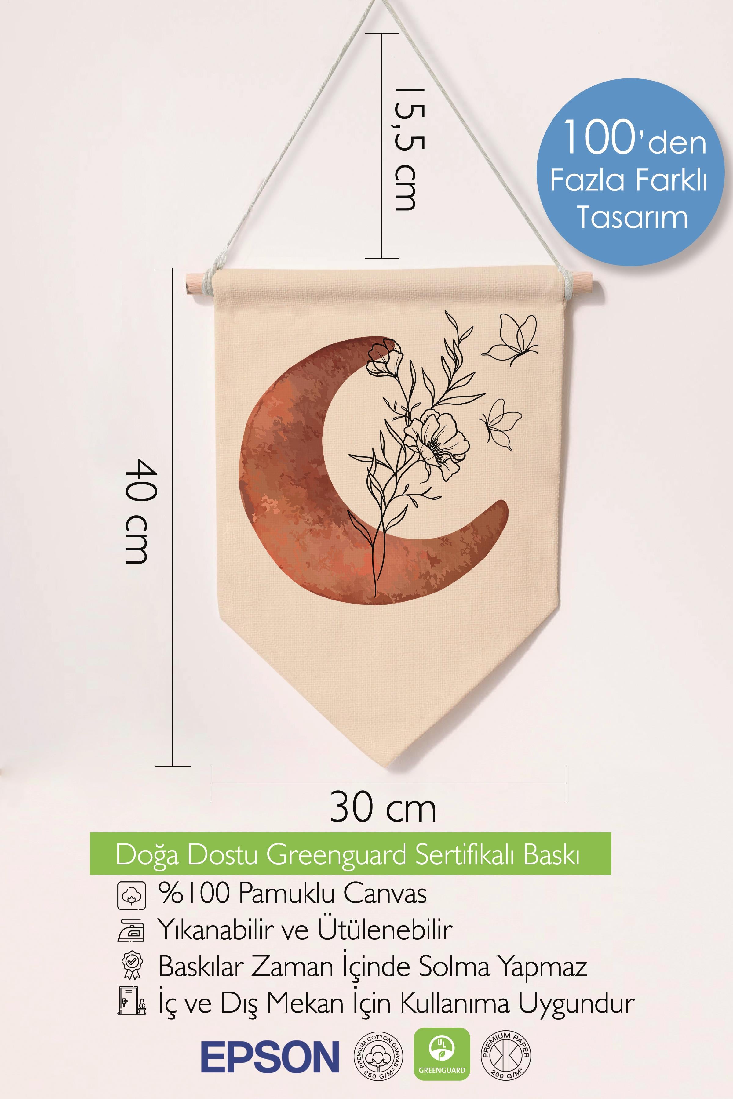 Çocuk Odası Dekor, Duvar Süsü, Ahşap Bebek Odası Dekor, Canvas Flama, Ay ve Bitki - Kahverengi