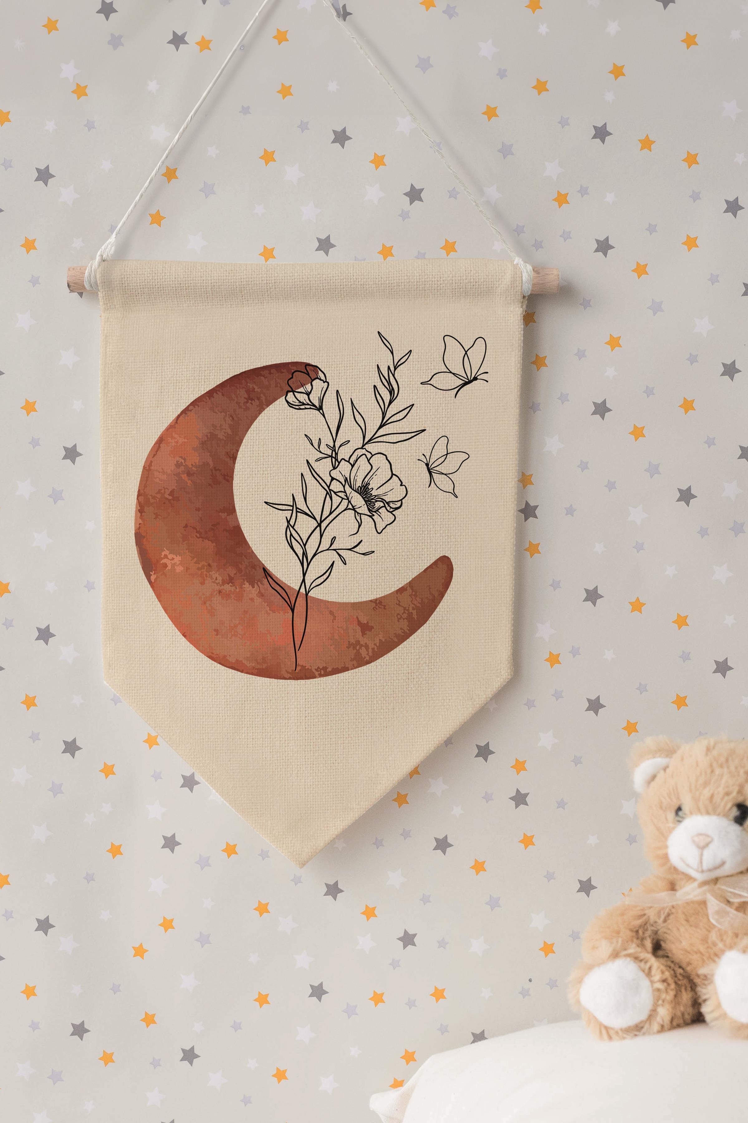 Çocuk Odası Dekor, Duvar Süsü, Ahşap Bebek Odası Dekor, Canvas Flama, Ay ve Bitki - Kahverengi