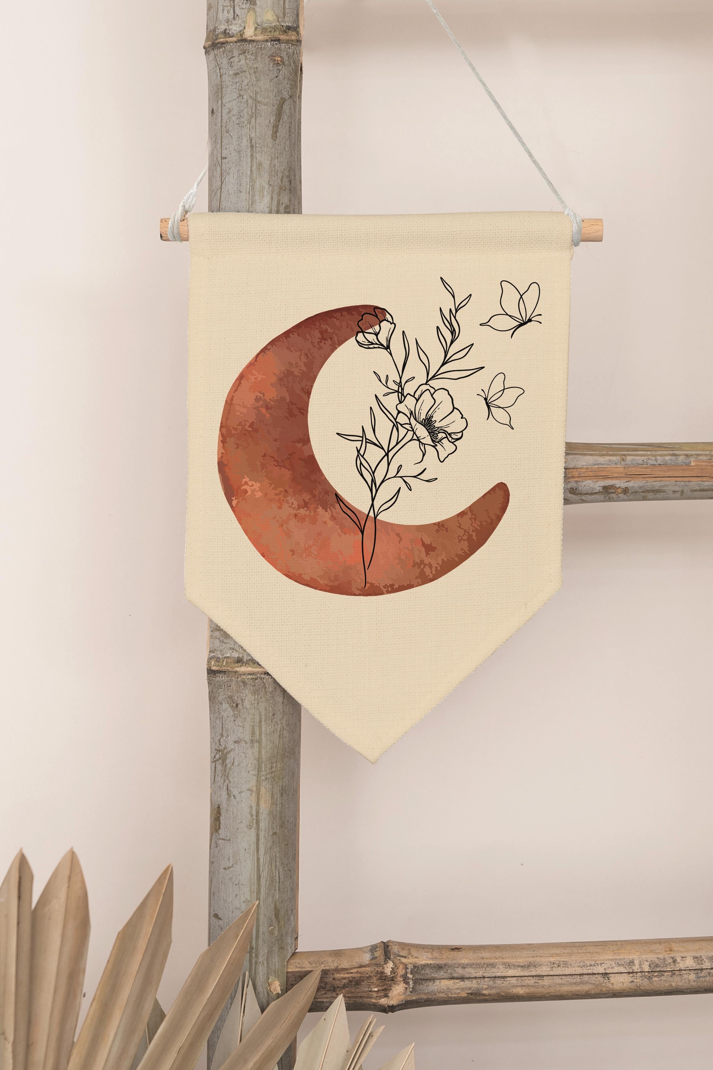 Çocuk Odası Dekor, Duvar Süsü, Ahşap Bebek Odası Dekor, Canvas Flama, Ay ve Bitki - Kahverengi